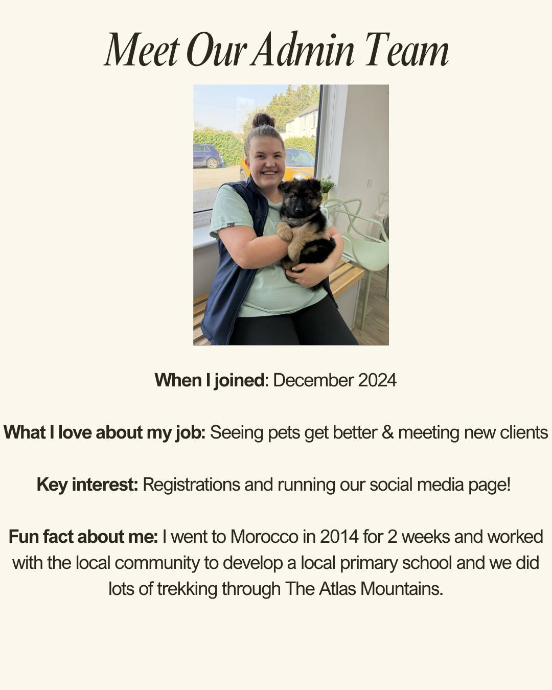 Meet the team Monday continues!
Next up is one of our receptionists Ellie! Ellie works on reception and also runs our social media pages! 📲💙