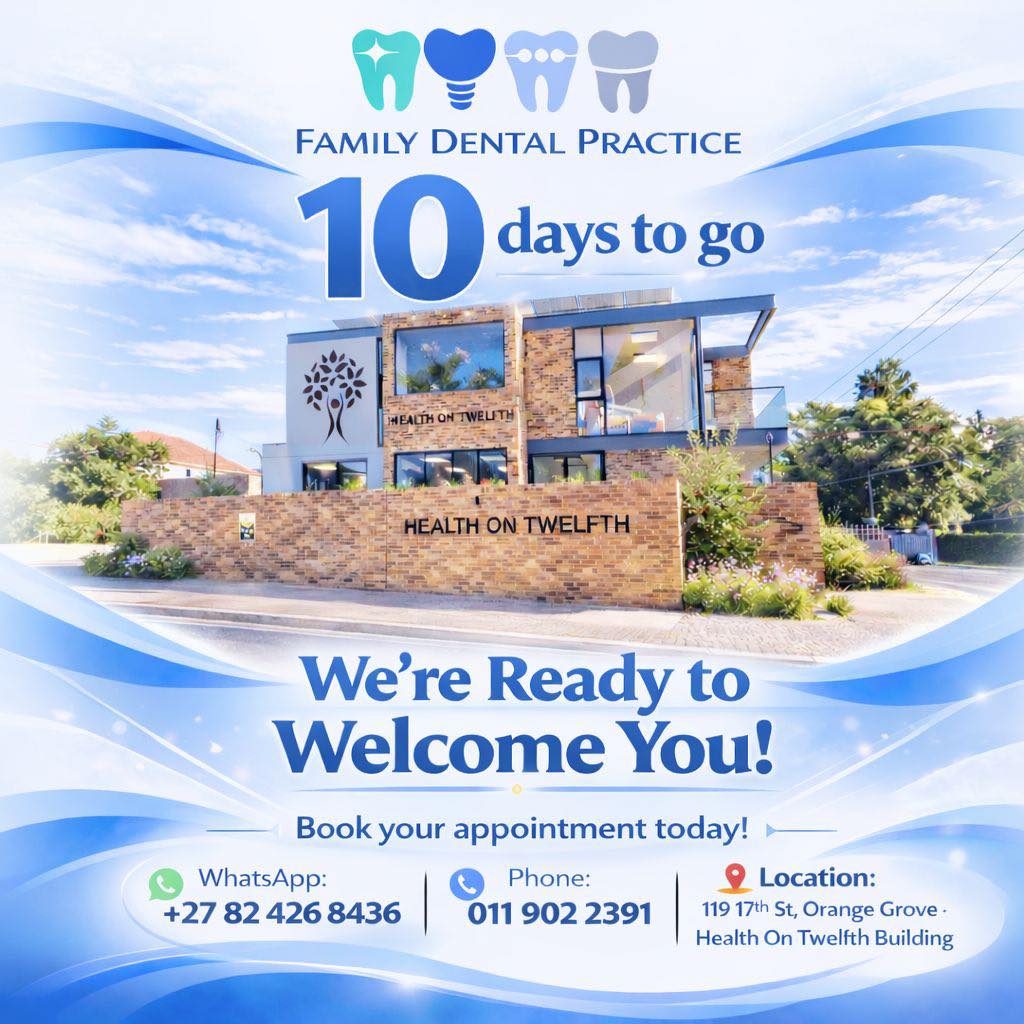 ✨ 10 DAYS TO GO! ✨
The countdown is on! We’re getting everything ready and can’t wait to welcome you to Family Dental Practice at our new location at Health on Twelfth.
From routine check-ups to comprehensive family care, we’re here to look after your smile with warmth, professionalism, and excellence.
📅 Book your appointment today!
📞 Phone: 011 902 2391
💬 WhatsApp: 082 426 8436
📍 119 17th Street, Orange Grove – Health on Twelfth Building
Your family’s dental home is almost ready 🦷💙
#FamilyDentalPractice #10DaysToGo #OpeningSoon #YourSmileOurPriority #HealthOnTwelfth #FamilyDentistry #BookToday