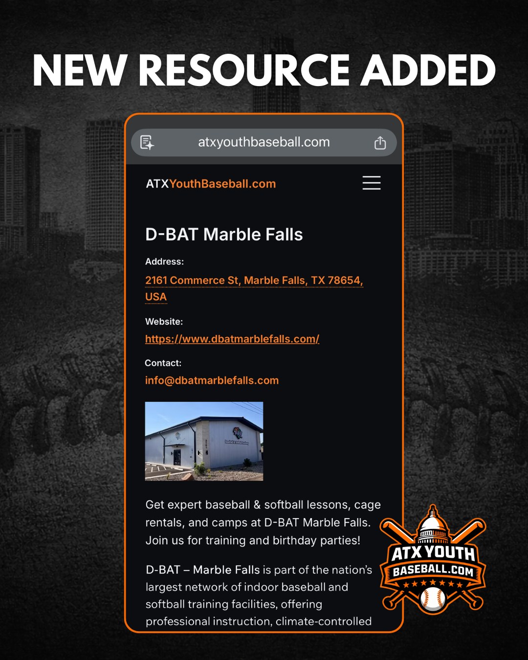 Another training resource is now live on ATXYouthBaseball.com.
We’ve added D-BAT Marble Falls to the directory — part of the largest network of indoor baseball and softball training facilities in the country.
If you’re looking for:
• Indoor, climate-controlled batting cages
• Private lessons, camps & birthday parties
• Structured player development
• A full pro shop (bats, gloves, apparel & more)
This is a strong option for families in Marble Falls and the Highland Lakes area — and worth the drive for serious reps.
Our goal remains simple: make it easier for Central Texas baseball families to discover trusted training resources.
🔗 Explore the full directory at ATXYouthBaseball.com
📣 Know a facility, coach, or camp we should feature next? Tag them below or send us a DM.
@dbatmarblefalls
#ATXYouthBaseball #MarbleFallsTX #CentralTexasBaseball #YouthBaseball #BaseballTraining #DBAT