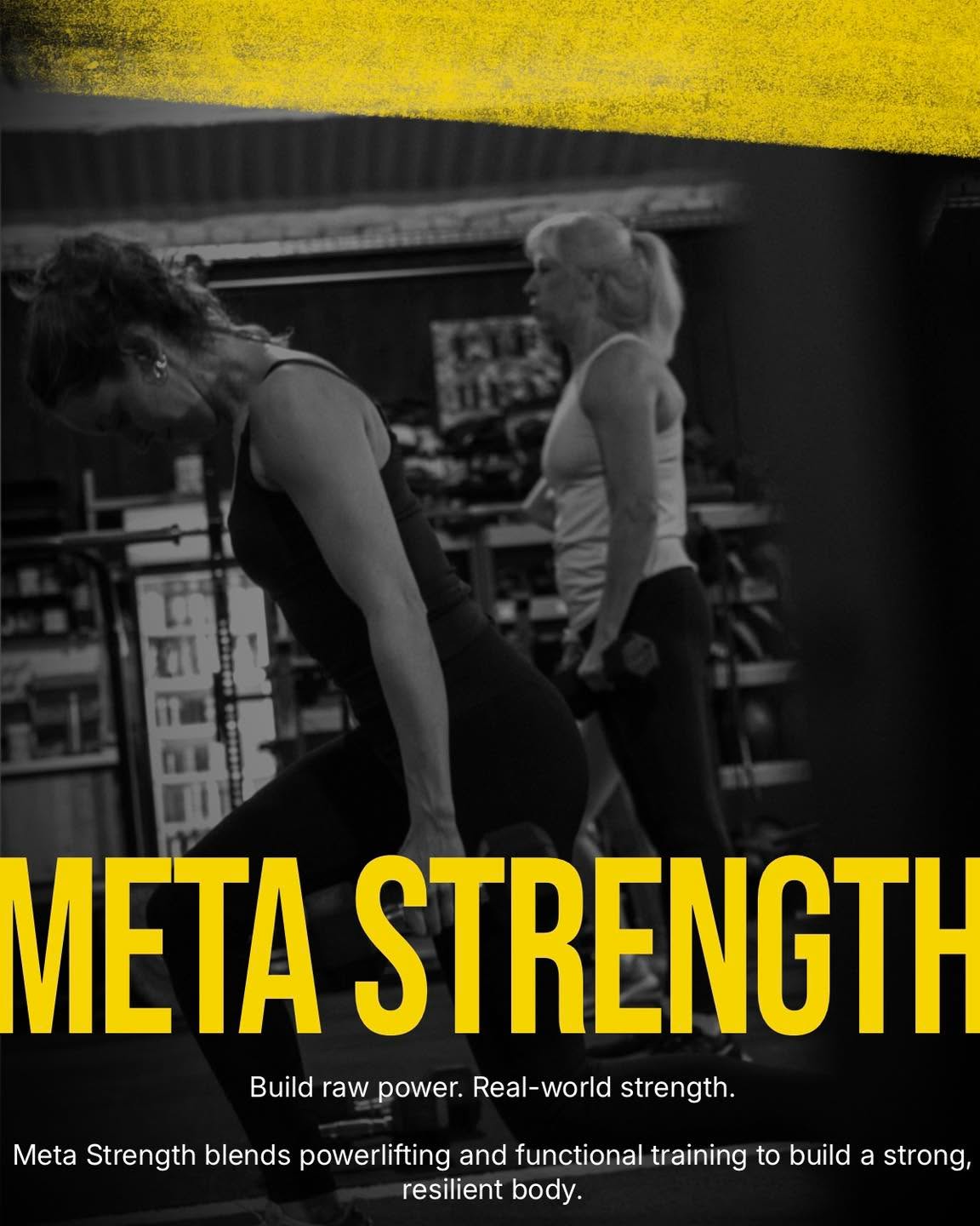 At Meta Strength you’ll move through structured blocks using progressive overload, time under tension, and quality coaching.
Then finish with strongman style conditioning (yoke, farmer’s carries, sandbags) to make that strength carry over to Hyrox, sport, and everyday life. Warm-up, lift, condition, stretch down.
