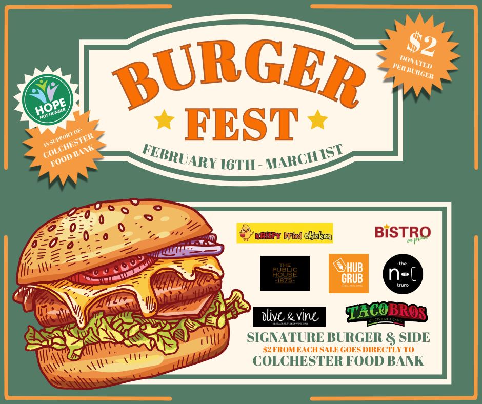 🍔 Truro Burger Fest Is Still ON! 🔥
Our restaurant community is serving up seriously incredible burgers you won’t want to miss. From downtown favs to hidden gems across Truro, Bible Hill, and Millbrook, 15 local spots are bringing the heat for Burger Fest 2026.
And the best part? Every bite gives back. 💛
$2 from every burger sold goes directly to the Colchester Food Bank, supporting local families in our community.
Grab your friends, plan your burger tour, and let’s show up for our local restaurants.
Eat local. Support local. Give back. 🍔✨