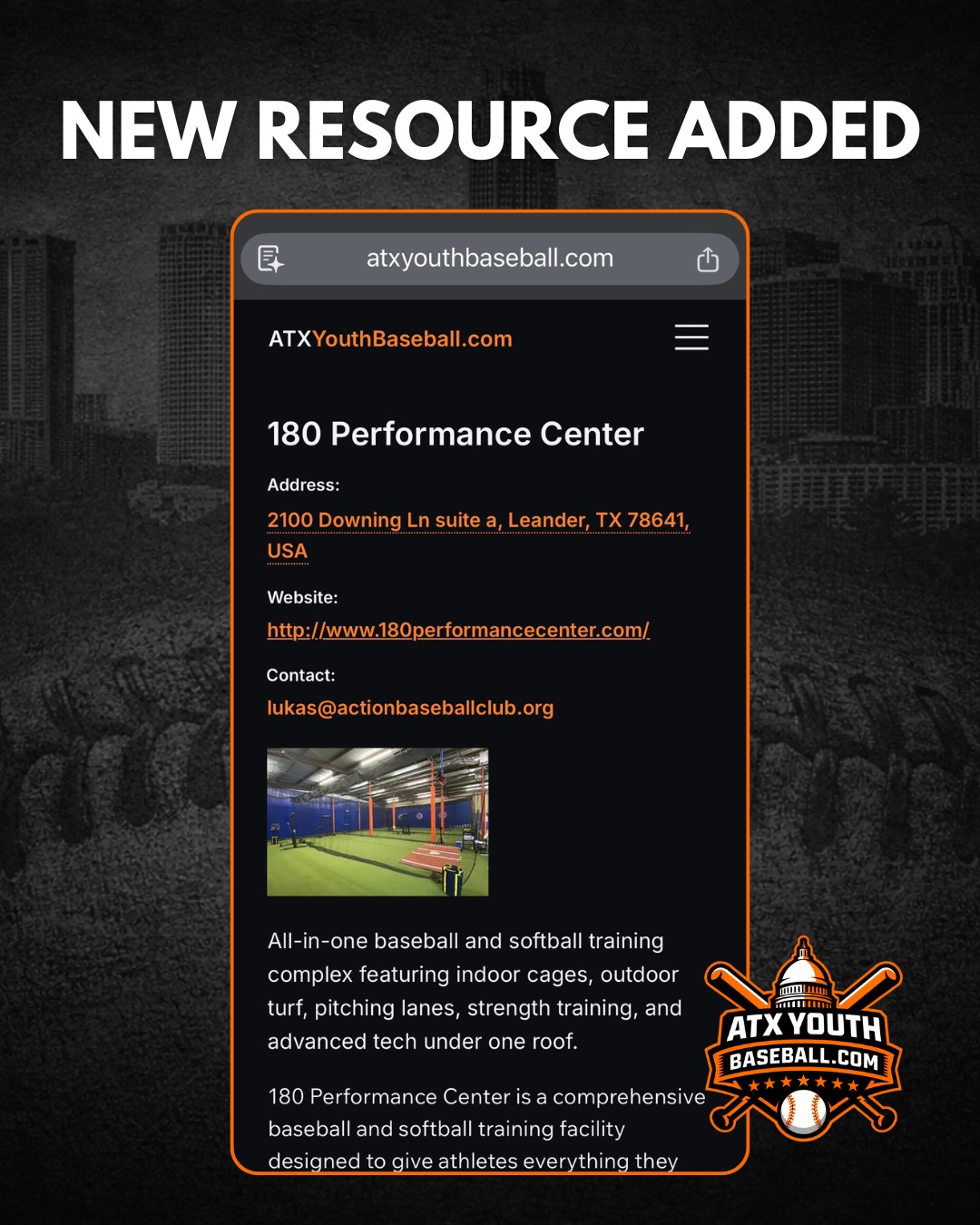 We’ve added 180 Performance Center to the ATXYouthBaseball.com directory.
If your athlete is looking to level up with:
• Skill development & baseball instruction
• Strength and conditioning support
• Structured training environments
• Year-round indoor reps
180 Performance Center is now part of the growing list of trusted Central Texas resources available to families.
Our mission is simple: make it easier for Austin-area baseball parents and players to discover quality training options — all in one place.
🔗 Explore the full directory at ATXYouthBaseball.com
📣 Have a facility, coach, or camp we should feature next? Tag them or send us a DM.
@180performancecenter
#ATXYouthBaseball #AustinBaseball #YouthBaseball #BaseballTraining #CentralTexasSports