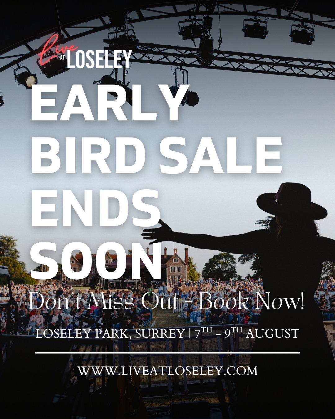 Early Bird Sale ends this Saturday ⏳
Don’t miss your extra discount - secure your tickets now before prices rise 🎟️
Which night are you joining us for?
🎤 Friday 7th August - 80s vs 90s Live
✨ Saturday 8th August - Musicals Under the Stars
🤠 Sunday 9th August - Country at Loseley
Three nights. Three completely different vibes. One unforgettable weekend at Loseley Park 🌅
Book now and save while you can.
#LiveAtLoseley #SurreyEvents #SummerNights #EarlyBird #OpenAirConcert #WhatsOnSurrey #FestivalVibes #LiveMusicSurrey