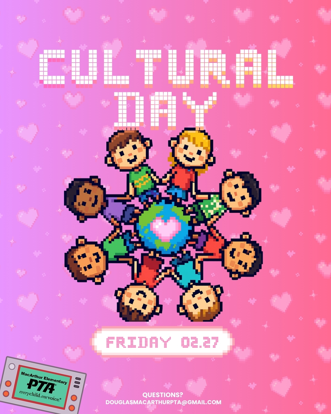 Cultural Day: Celebrate Your Story! Get ready to power up pride, tradition, and community spirit!
📅 Friday, 2/27
Students are invited to wear clothing that represents their culture, heritage, or family traditions. Let’s turn campus into a beautiful showcase of the many stories that make up our Eagle community.
🦅 Uniforms are always welcome — participation is optional
✨ All outfits must follow LBUSD + MacArthur dress code guidelines
#GameOnMacArthur #MacArthurPTA #CulturalDay #CelebrateDiversity #EaglePride #SchoolSpirit #MacArthurElementary #StrongerTogether
