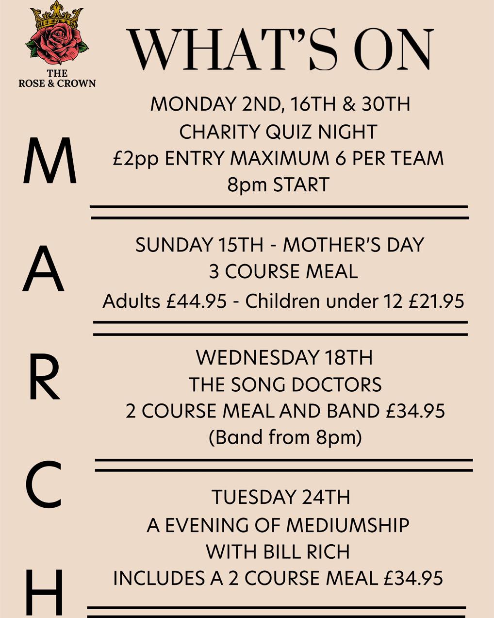 March is looking busy at The Rose & Crown Brentwood… and frankly, so should you. 😉
Here’s what we’ve got lined up:
🧠 Quiz Night – For the know-it-alls, the guessers, and the ones who just come for the drinks.
🔮 Medium Night – Messages from beyond… and possibly from Dave at the bar. Spooky stuff.
🎸 Live Band – Because nothing says “just one drink” like a dance floor and your favourite tunes.
Brains, spirits and banging music — all under one roof this March. The only thing missing? You.
Tag your quiz team, your spiritual bestie, and the mate who thinks they’re in a band after two pints. 🍻
#RoseAndCrownBrentwood #BrentwoodEvents #WhatsOnBrentwood #PubLife #QuizNight #MediumNight #LiveMusic #EssexNights #MarchEvents #SupportLocal