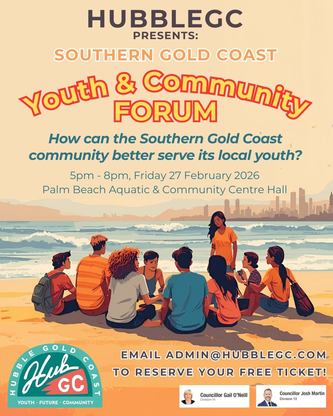 LAST CHANCE TO GET YOUR FREE TICKETS! 🚨
THIS FRIDAY 27th February, we're hosting the Southern Gold Coast Youth & Community Forum, and we’re asking our local community one powerful question:
How can the Southern Gold Coast community better serve its local youth?
This is your chance to be part of the conversation. Whether you’re a young person, parent, educator, business owner, community leader or simply someone who cares, we want you in the room!
Collaborate with like minded people on real ideas that will shape the future of our local youth.
📅 WHEN: THIS Friday, 27th February 2026, 5pm-8pm
📍 WHERE: Palm Beach Aquatic Centre & Community Hall
💰 COST: FREE (RSVPs required)
🎟 INCLUDES: Live music, entertainment, food & drink
Seats are limited and reservations are required, so don’t miss your chance to have your voice heard.
Secure your ticket now by emailing admin@hubblegc.com
#HubbleGC #SouthernGoldCoastYouthandCommunityForum #SGYouthandCommunityForum #YouthFutureCommunity #youthforum #communityforum