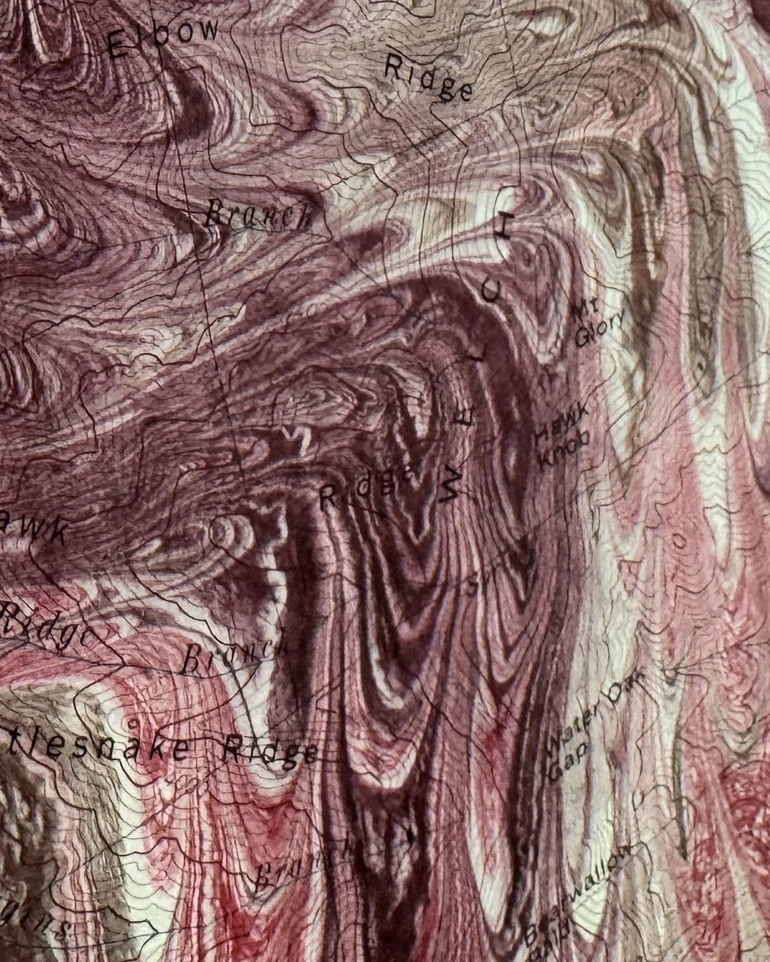 “SILER’S BALD” (detail), marbling on vintage topo map
I find it fascinating to look at topographic maps, affectionately called topo maps, to plot a hiking course trail. So, I imagined that Siler’s Bald must be high up, but I was proven wrong. When looking at the elevation of the trail, The Appalachian Trail (AT) is approximately 1000 feet higher than the bald.
#AppalachianArt
#MountainInspiration
#MarblingArt
#PaperMarbling
#TopoMapArt