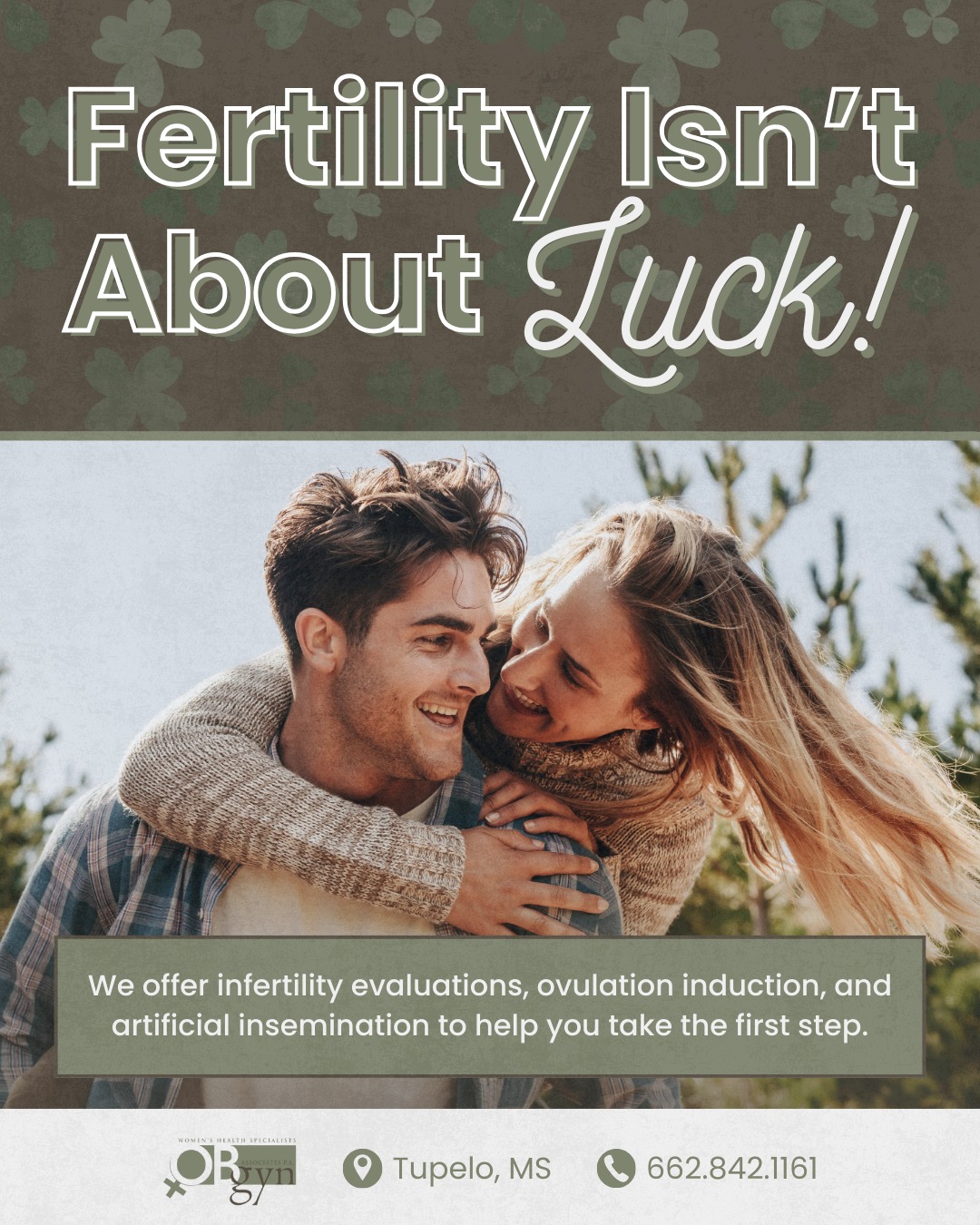 Consider this your reminder that growing a family isn’t about luck—it’s about understanding your body and having the right support along the way. 💚
If you’re facing infertility or have questions about your fertility journey, you’re not alone.
📞 662.842.1161
📍 1793 Cliff Gookin Blvd, Tupelo, MS 38801
-
#OBGYNAssociates #TupeloOBGYN #TupeloMS #OBGYN #WomensHealth #StPatricksDay #FertilitySupport #InfertilityAwareness #FamilyBuilding