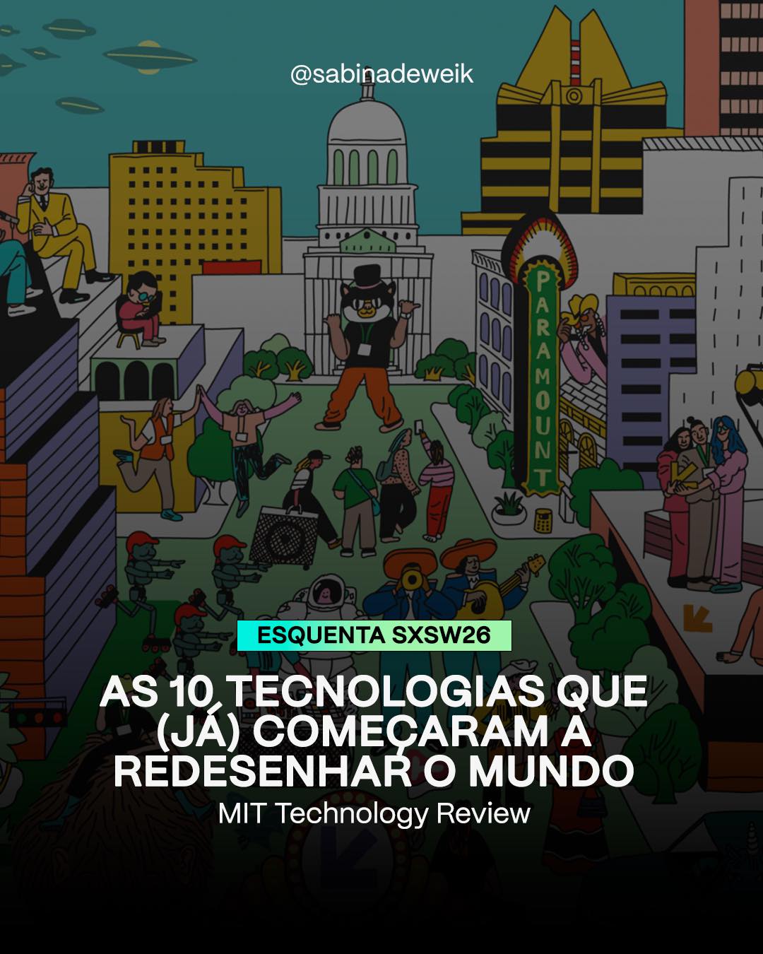 Com o SXSW 2026 chegando, começam a circular vários relatórios que trazem pistas do que está em movimento no presente cenário.
Na minha coluna desta semana na VejaSP, eu mergulhei no 10 Breakthrough Technologies 2026, do MIT Technology Review. Mais do que só um mapa das novas tecnologias emergentes, ele nos dá insights valiosos das mudanças estruturais em curso.
Enquanto nos aquecemos para o SXSW 2026, que acontece em março, percebemos como esses avanços deixam de ser percebidos só como ferramentas e, em ritmo acelerado, se consolidam como força organizadora da nossa realidade.
Confira o texto na íntegra pelo link na minha bio! 📲
#SabinaDeweik #MIT #tecnologia