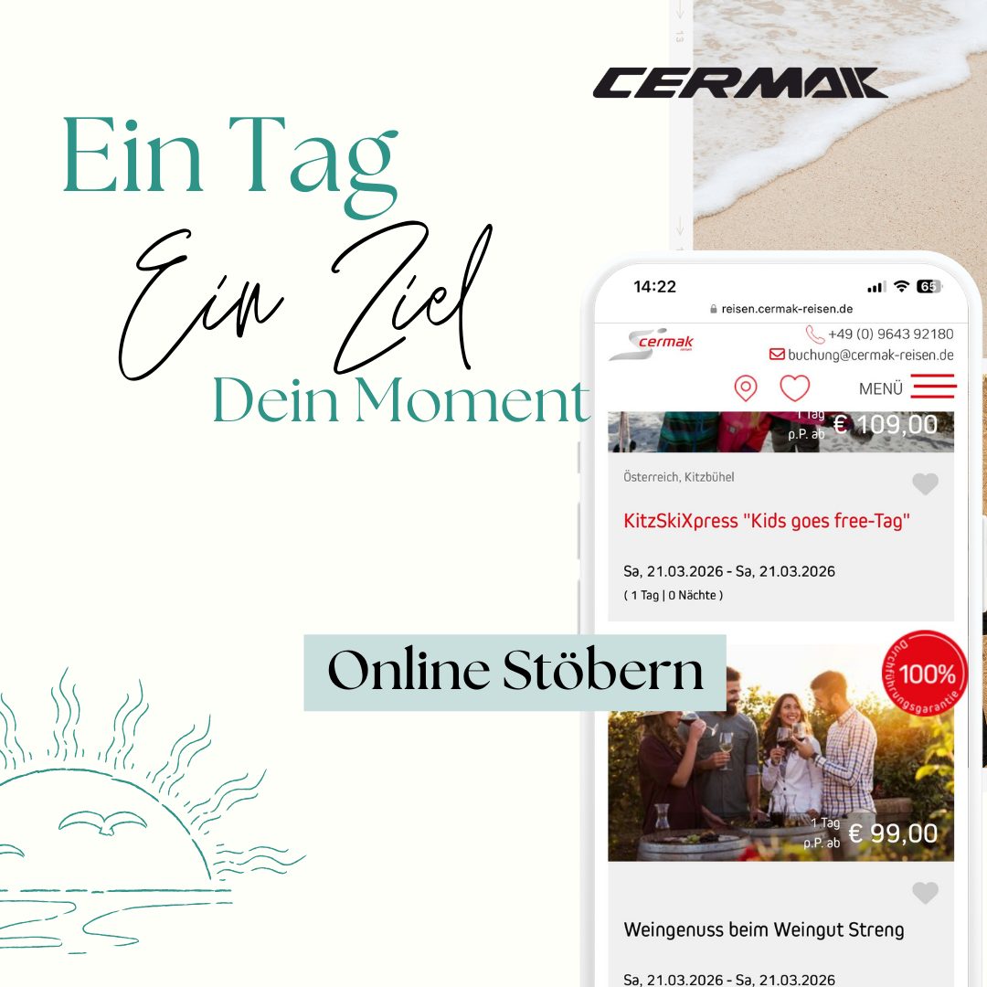 ✨ Ein Tag. Ein Ziel. Dein Moment. ✨
Raus aus dem Alltag – rein ins Erlebnis! 🌿☀️
Mit unseren abwechslungsreichen Tagesfahrten 2026 warten unvergessliche Momente auf dich:
🧘♀️ Yoga & Entspannung
🍷 Weingenuss beim Weingut Streng
📚 Leipziger Buchmesse
🌸 Osterbrunnenzauber in der Fränkischen Schweiz
🎬 Bavaria Filmwelt
🦁 Zoo & Citytrips
🎶 Abba live in Nürnberg
… und vieles mehr!
Ob Genuss, Kultur, Natur oder Shopping – finde genau dein Highlight für einen perfekten Tag.
👉 Jetzt online stöbern & direkt buchen!
Sichere dir deinen Platz und freue dich auf besondere Erlebnisse mit CERMAK Reisen.
#CermakReisen #Tagesfahrt #Auszeit #DeinMoment #Reiselust #ErlebnisseSchenken
