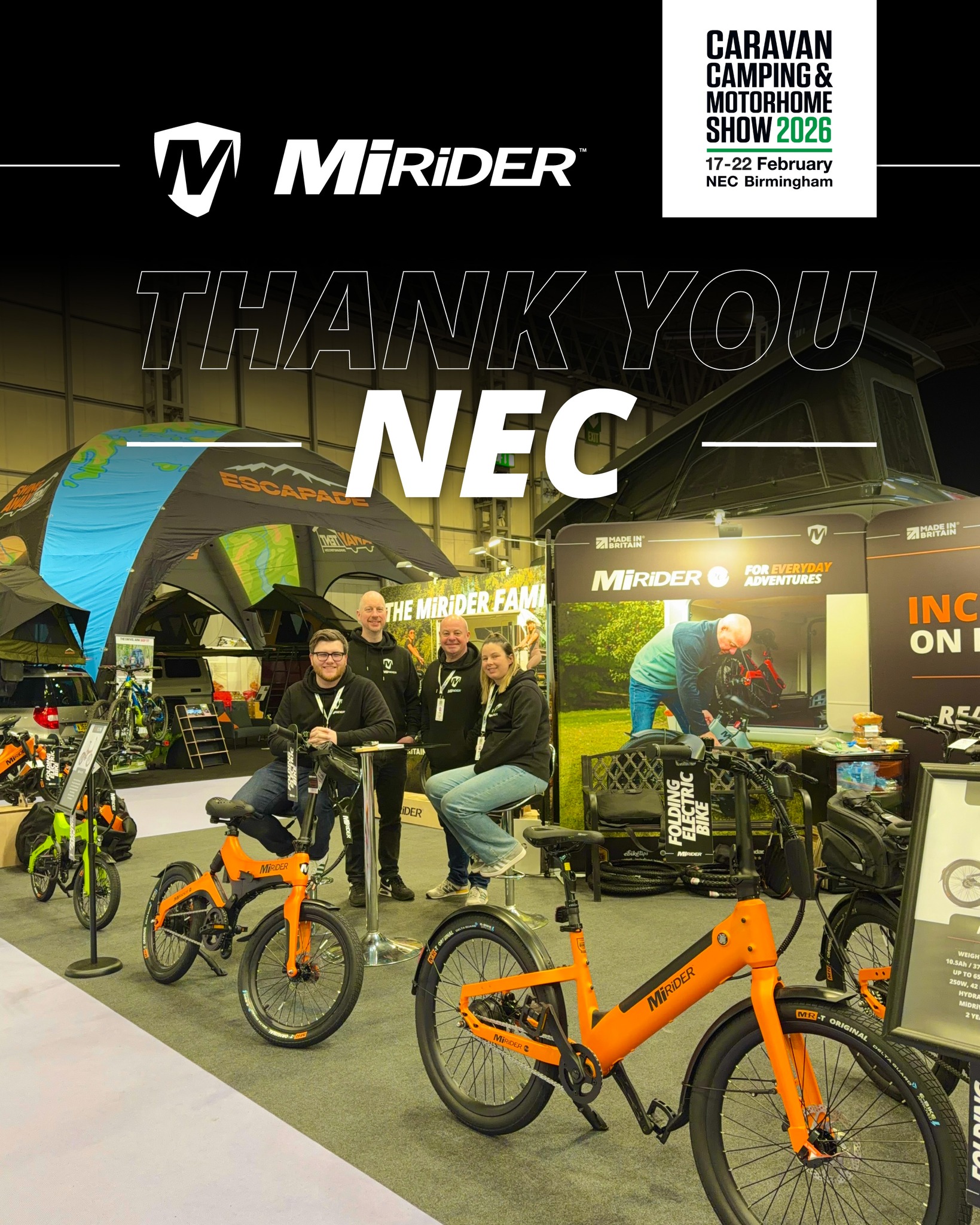 An amazing few days in Birmingham.
The team loved every minute, and they met some fantastic people over the course of the event. Thanks again, everyone. ed the fold at the Show, many more explored the MiRiDER range, and lots more have placed us on their consideration list for the future.
The team loved every minute and they met some fantastic people over the course of the event. Thanks again, everyone.
#mirider #ebike #jointhefold