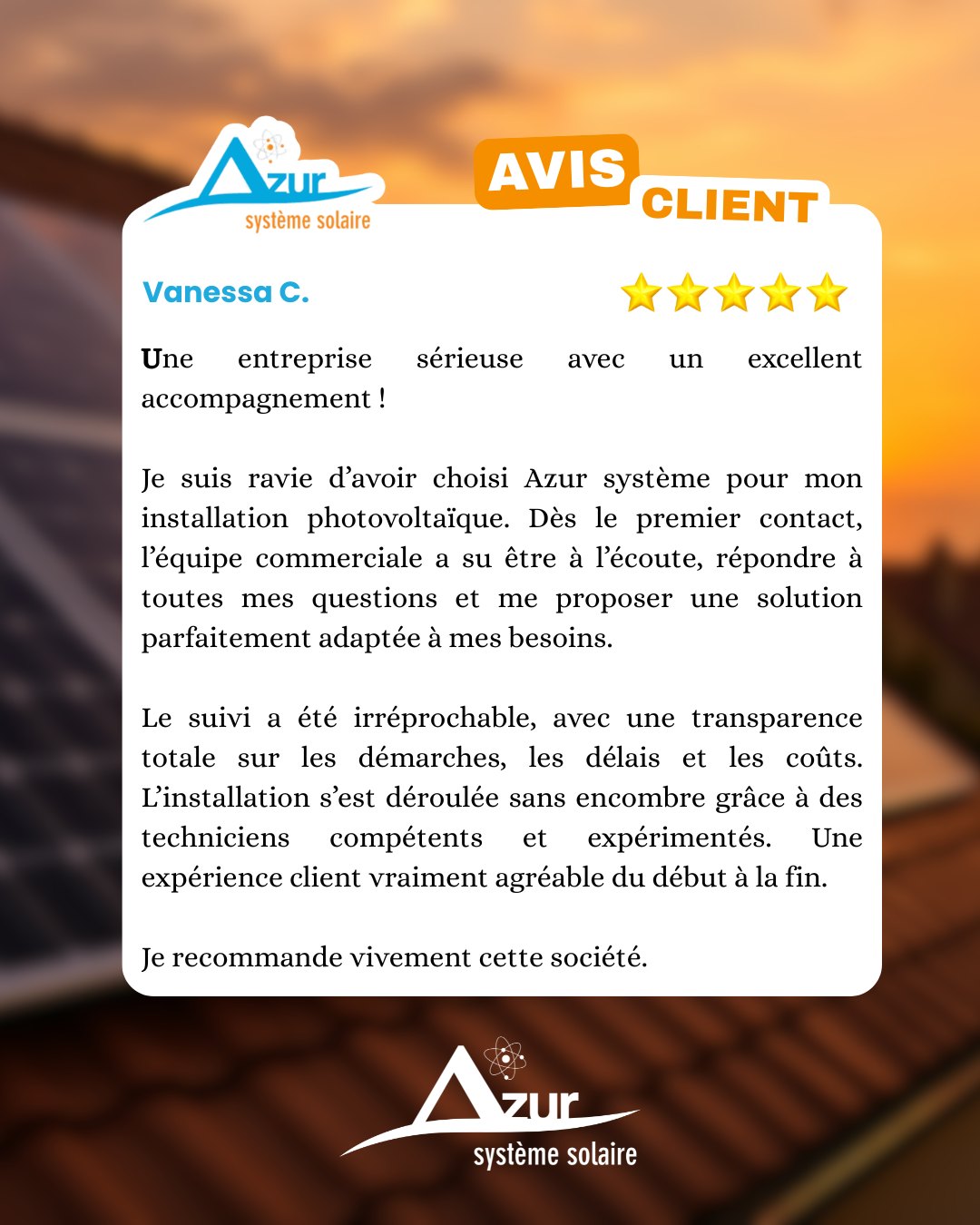 Pas de surprise, pas de frais cachés. Juste du sérieux. 🤝
"Une transparence totale sur les démarches, les délais et les coûts."
Dans le monde des travaux, cette phrase vaut de l'or ! ⭐️ Merci Vanessa de souligner l'engagement de nos équipes (commerciaux et techniciens) pour vous offrir un accompagnement irréprochable.
Chez nous, un devis est un devis, et un délai est un délai. C'est ça, la relation de confiance.
🏡 Envie de sécuriser votre avenir énergétique avec une entreprise locale et fiable ? Demandez votre étude gratuite (Lien en bio).
#AvisClient #SatisfactionClient #Transparence #Solaire06 #InstallationPhotovoltaique #AzurSystemeSolaire #Confiance #AlpesMaritimes #Nice #Antibes #Cannes