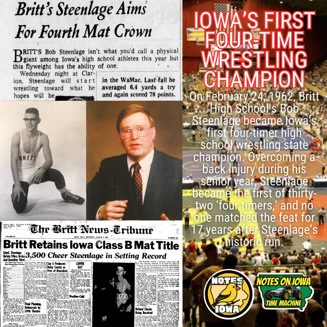 Iowa Time Machine ⏰: On February 24, 1962, Britt High School’s Bob Steenlage became Iowa’s first four-timer high school wrestling state champion. Overcoming a back injury during his senior year, Steenlage became the first of thirty-two ‘four timers,’ and no one matched the feat for 17 years after Steenlage’s historic run.
Known as ‘The Pencil,’ Steenlage first captured a state title at 95 pounds as a freshman in 1959 with a 2-0 result. Moving up to 103 pounds as a sophomore, he captured the title with a 4-0 result. A champion at 112 pounds during his junior season, all eyes turned to Steenlage as he prepared to do what no Iowa wrestler had managed to do before while wrestling at 120 pounds.
During Steenlage’s senior year, he spent four weeks on the sidelines with a back injury that most believed was career-ending, and he only began working out again ten days before the tournament started. In the match before his bid for his fourth title, Steenlage separated his shoulder, but he managed to win based on a referee’s decision by riding time to become the state’s first four-time champion.
Boasting a career record at Britt of 74-7-5, Steenlage went on to wrestle at the United States Military Academy at West Point. A two-time NCAA qualifier at 130 pounds while placing third at 123 pounds in 1966, Steenlage left an important legacy as Iowa’s first ‘four-timer.’ “I did lots of farm work and running to prepare me, but my biggest asset was my determination and learning how to think positively at all times on and off the mat,” Steenlege said in the book ‘Fighting Back.’ #Iowa #OTD #History #Wrestling #Grappling