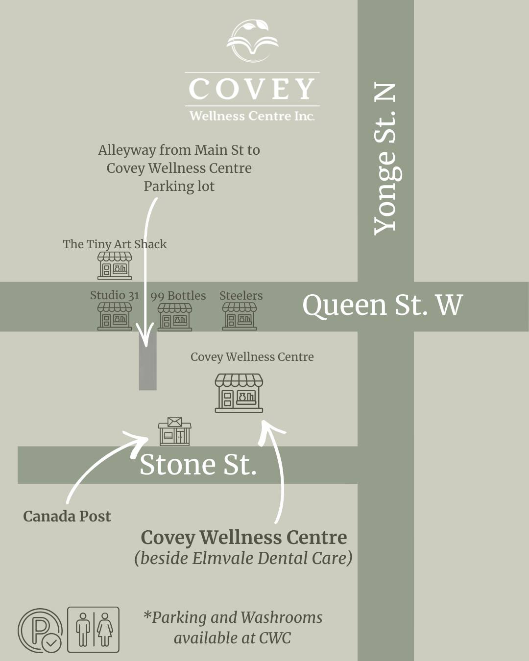 We thought it would be helpful to share a visual of where weโre located in relation to Main Street!
If youโre parked on Main Street, CWC is just a short walk away โ simply follow the indicated pathway for easy access. Prefer to drive right up? We have a large parking lot available directly in front of our centre for your convenience.
And if youโre out browsing downtown, feel free to stop in and use our washrooms while weโre open!
We look forward to seeing you soon!
