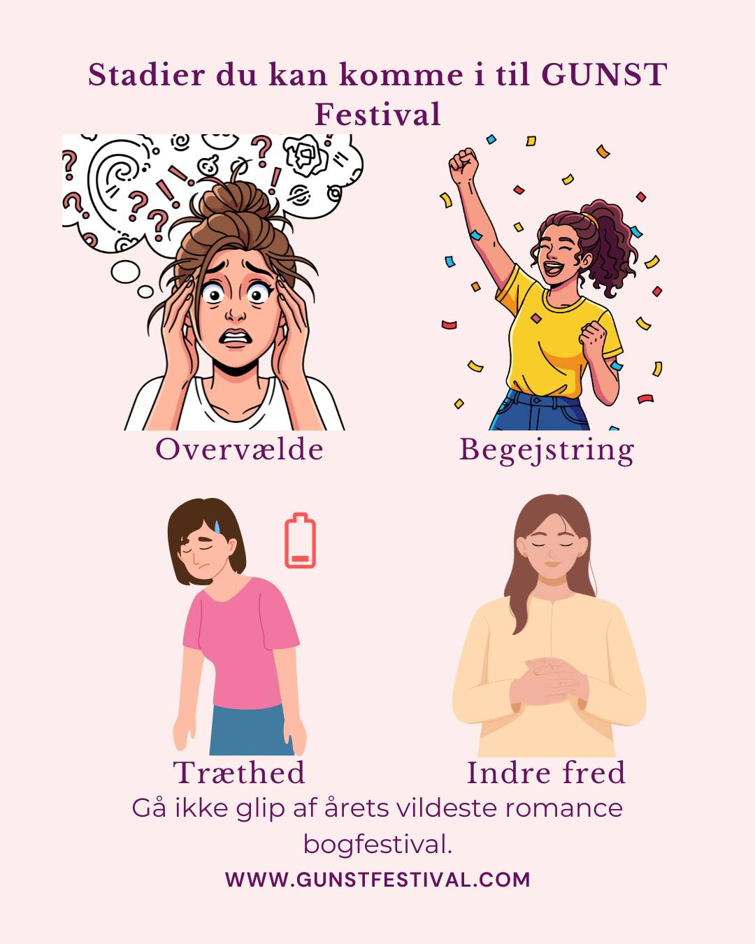 Nu er du advaret!
GUNST er svært vanedannende og vi forbereder dig allerede nu.
Overvældelse kender mange, og frygt ikke. Vi er der til at hjælpe dig. Føles det overvældende med de mange udstillere, signeringer, horder af folk, eller måske ubeslutsomheden rammer.
Nup en forfriskning i baren eller kig forbi Paulins kaffevogn og tag så et lille hvil i et af vores lounge områder.
Har du kun købt billet til lørdag og fortryder, så frygt ej, du kan købe billet i døren søndag. ❤
Til GUNST vil du med garanti ramme stadiet begejstret. Har du set køers glæde når de bliver lukket på græs? Så forestil dig kvinder der er klar til at makse deres kreditkort. 🤩🥳😱❤
Træthed, den er stensikker! Hos GUNST teamet er vi glade for netop dette stadie, for det betyder at vi har formået at sammensætte et spændende program og byde på et overdådighedsbord af forfattere, forlag, shops og vanvittige tilbud, der fylder poserne og dræner det sociale batteri.
Find dig en sodavand, en iskaffe eller en kop kaffe og tag et hvil. Du kan også nyde roen i vores bedazzle room, hvor du samtidig kan fordybe dig med en masse bling.
Indre fred. Dette stadie når du helt sikkert på vej hjem fra GUNST. Når du har fyldt poser, hjerte og hjerne med bøger, talks og snak. Når du ved at du IKKE er gået glip af dette års GUNST og bare kan glæde dig til at læse bøger og vente på at det bliver tid til GUNST 2027.
Hvilke stadier tror du, at du rammer til GUNST?