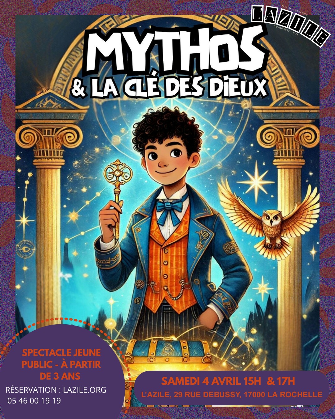 🎭Retrouvez Mythos & la clé des dieux 🔑 un spectacle qui saura satisfaire petits et grands, le samedi 4 avril à l'Azile.
📖Professeure à la prestigieuse Grimm Académie, Eurêka raconte à ses élèves sa plus grande aventure : la quête de la Clé des Dieux, un artefact légendaire caché dans un coffre magique et protégé par des énigmes inspirées de la mythologie grecque.
Au fil de son récit, elle entraîne le public dans un voyage fantastique à travers les univers d’Athéna, Poséidon, Héphaïstos et Héra. Chaque étape met à l’épreuve des qualités essentielles comme la sagesse, la persévérance, la créativité et l’esprit d’équipe, grâce à des énigmes, des chansons, des danses et des défis participatifs.
En réunissant les indices, Eurêka et les enfants résolvent l’énigme finale pour ouvrir le coffre. Ce spectacle ludique et immersif transmet avec humour et émerveillement des valeurs telles que la curiosité, l’entraide et la force des liens. ✨
👉Billetterie : lazile.org - 05 46 00 19 19