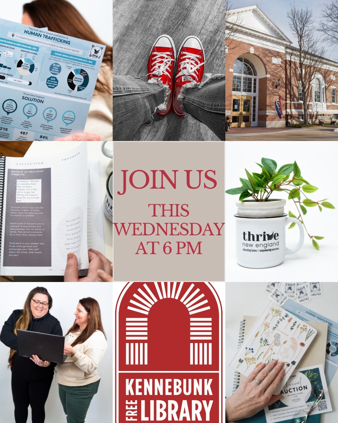 Do you live in the Kennebunk area? Join us Wednesday, February 25 at 6 pm at the Kennebunk Free Library where we will discuss what sexual exploitation and trafficking is, how it effects local communities, and what we all can do to prevent it.
Also, make sure to check out our In Their Shoes mini exhibit in the display cases at the entrance to the library!