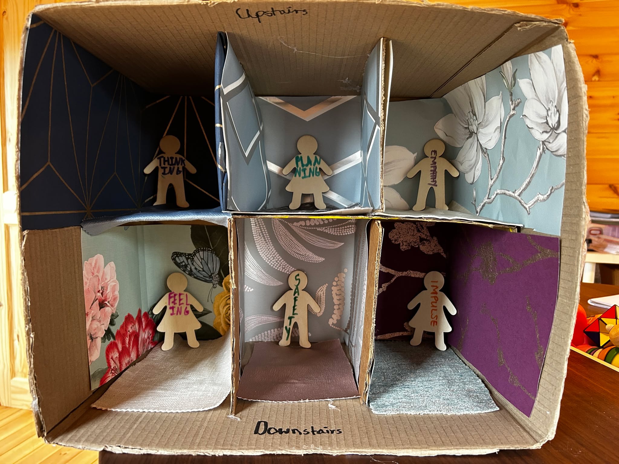 Just a cardboard box.
Some wallpaper samples.
A few wooden figures.
And one brilliant autistic young person learning how her brain works. 🧠
This week, we built a “brain house” together.
Upstairs became the thinking rooms — planning, empathy, problem solving.
Downstairs became the survival rooms — feelings, safety, impulse.
We chose wallpaper samples that felt right for each space.
Different textures for the carpets.
Different colours for different parts of the brain.
Because understanding your brain shouldn’t just be explained.
It should be experienced.
For many autistic young people, the world can feel loud, fast and overwhelming.
When the “downstairs” takes over, it isn’t bad behaviour.
It’s a nervous system trying to protect.
When we can see it, build it and move it around with our hands…
It starts to make sense.
And when something makes sense, it feels less scary.
Less confusing.
More manageable.
Psychoeducation doesn’t have to be worksheets.
Sometimes it’s cardboard and creativity. ✨