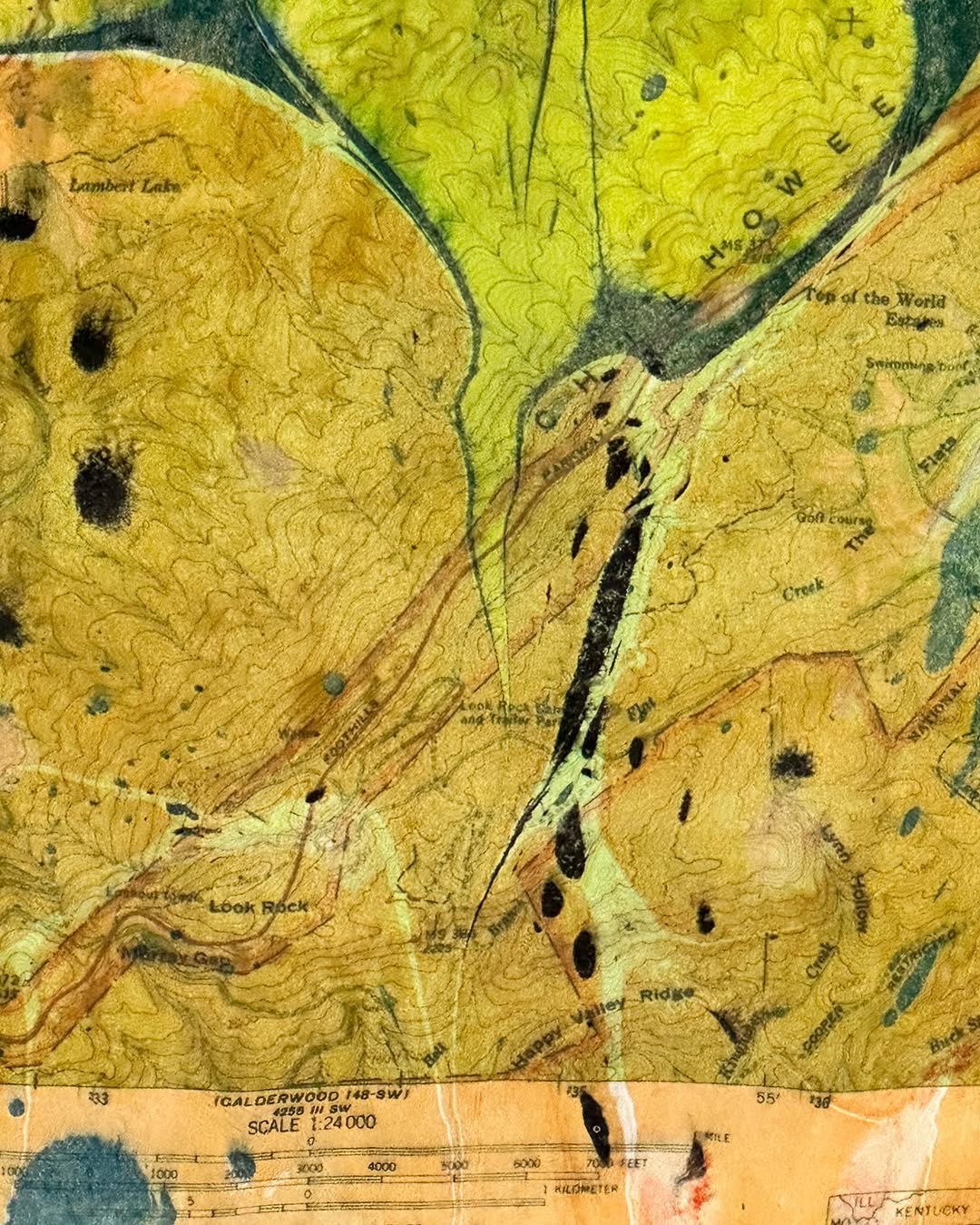 “CALDERWOOD” (detail), marbling on vintage topo map
Calderwood, Tennessee is or used to be located on the eastern edge of Tennessee and the western edge of North Carolina. Alcoa, as known as the Aluminum Company of America, located and established Calderwood as its base of operations in 1912.
#ContemporaryCraft
#LoveWhereYouLive
#ExploreAsheville
#MountainHomeFineArt
#ContemporaryFineArt