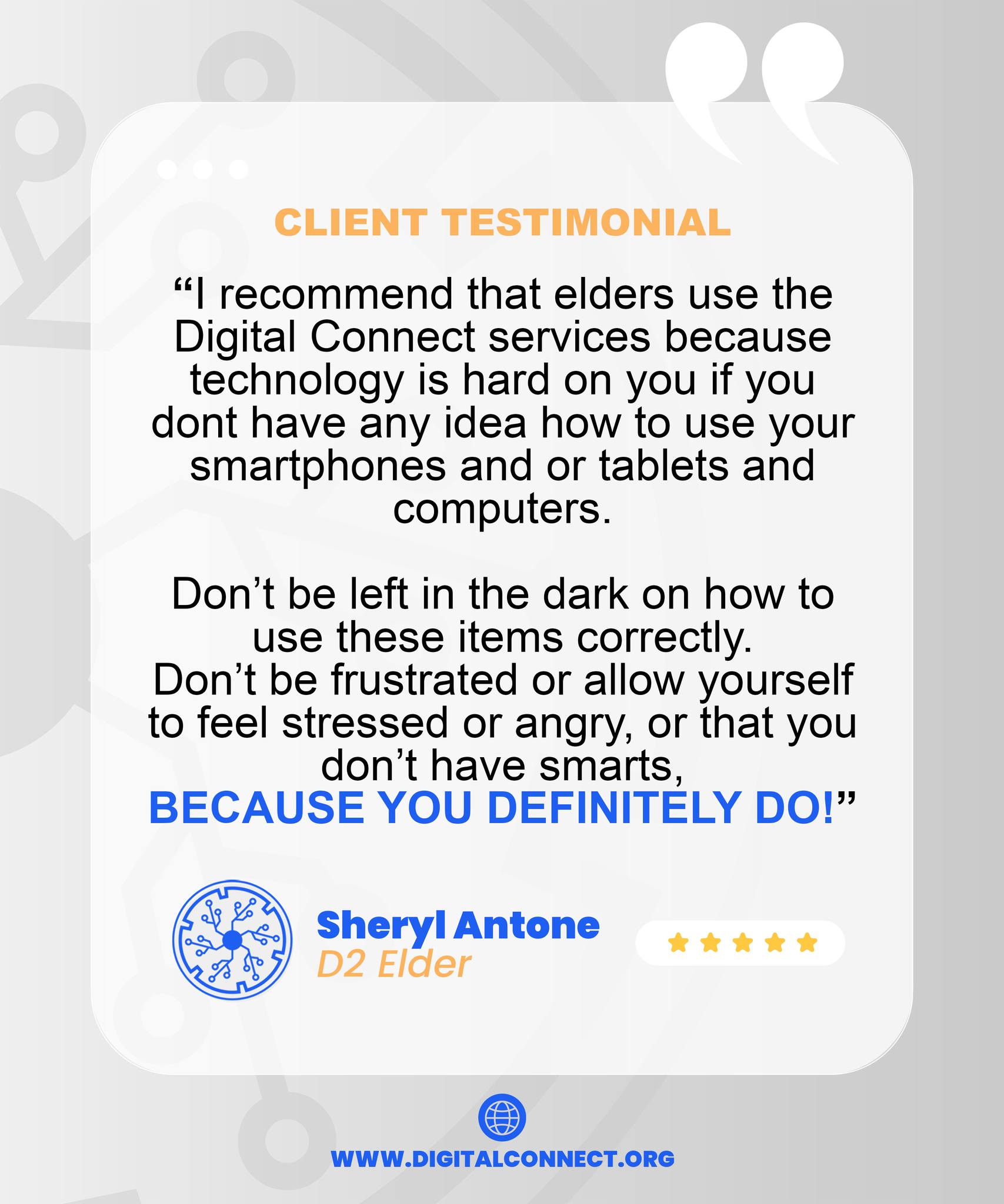 🌟 Our elders are powerful learners.
One of our recent Tech 4 Elders participants shared this message:
“Technology is hard on you if you don’t have any idea how to use your smartphones, tablets, or computers. Don’t be left in the dark. Don’t be frustrated or feel like you don’t have smarts—BECAUSE YOU DEFINITELY DO!”
We couldn’t agree more. Join our Tech 4 Elders classes and feel confident using the technology you use every day. Thank you for sharing, Sheryl.
💛 You’ve got this, and we’re here to help.
#DigitalConnect #DigitalSkills #GrowthMindset #LifelongLearner #LifelongLearning #Tech4Elders