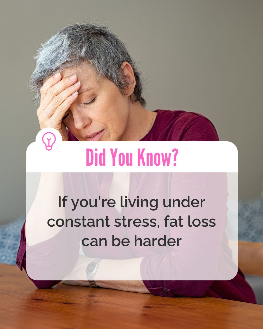 If your stress is high, fat loss is harder.
Chronic stress elevates cortisol.
Over time that can:
• increase appetite
• drive cravings (especially sugar + high-fat foods)
• disrupt hunger and fullness signals
• impair sleep
• slow muscle recovery
Poor sleep then compounds the issue:
• higher hunger hormones
• lower fullness hormones
• reduced insulin sensitivity
Now your body is:
-> hungrier
-> more inflamed
-> more fatigued
-> less recovered
Managing stress isn’t optional in midlife.
It’s part of the plan.