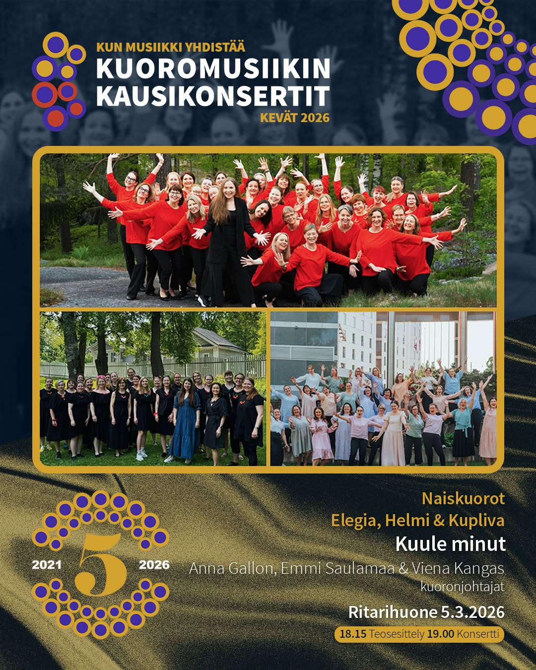 Tänä torstaina 5.3. KMK saa vieraakseen kolme naiskuoroa; Naiskuoro Elegia (joht. Anna Gallon), Naiskuoro Helmi (joht. Emmi Saulamaa) sekä Naiskuoro Kupliva (joht. Viena Kangas). Illan "Kuule minut" -konsertti alkaa Ritarihuoneella klo 19.00 ja sitä edeltää teosesittely klo 18.15.
KONSERTIN ESITTELY KOTISIVUILLAMME.
#kuoromusiikinkausikonsertit
#kunmusiikkiyhdistää
@naiskuoroelegia
@naiskuorohelmi
@naiskuoro_kupliva
@anna.jasmiina
#emmisaulamaa
@viena_k
#ritarihuone