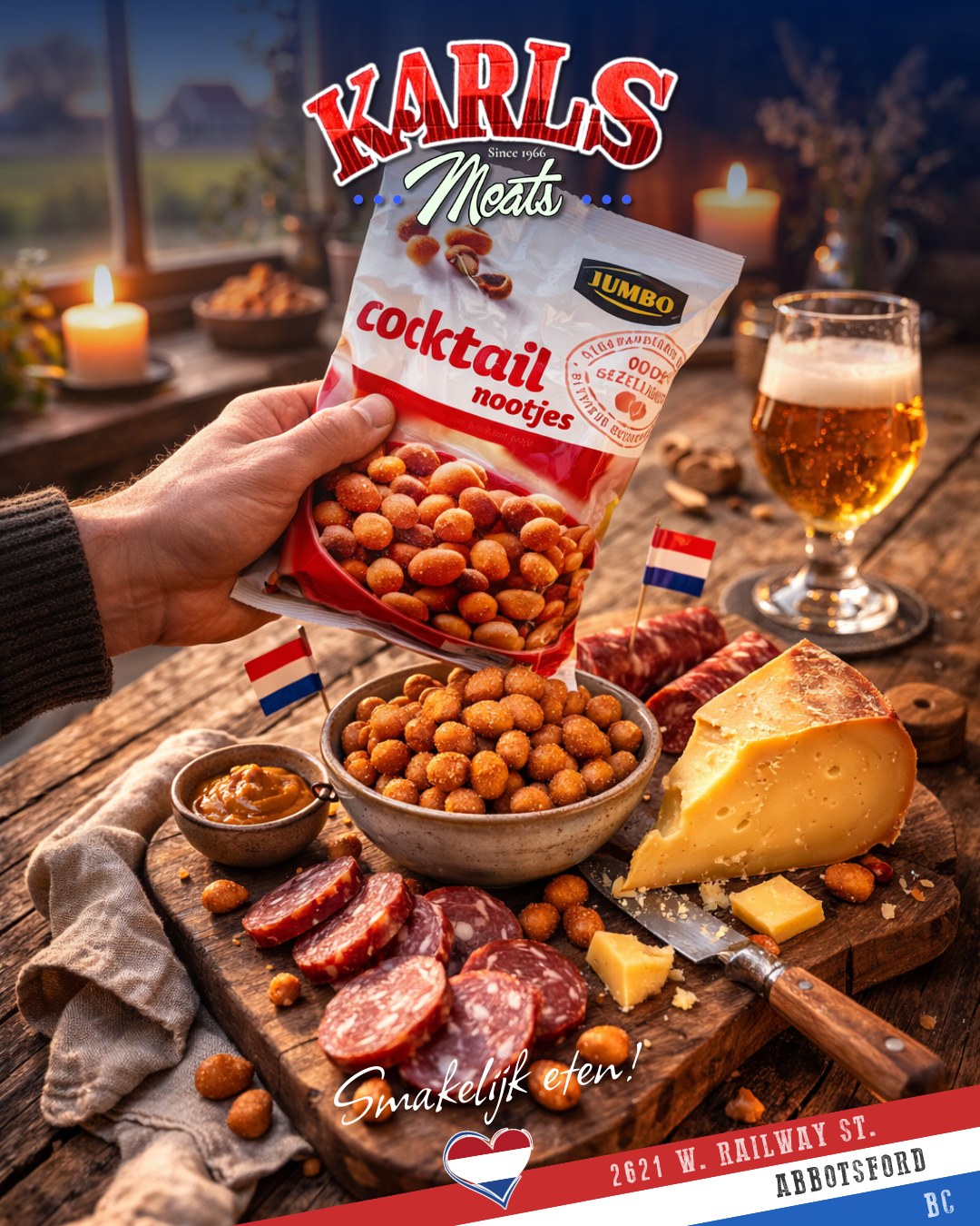 🍫🥜 National Choc-Covered Nut Day 🇳🇱
Sweet. Salty. Crunchy.
Today’s the perfect excuse to celebrate nuts in all their forms.
And while chocolate gets the spotlight… sometimes the savory version steals the show.
Our Jumbo Cocktail Nootjes are exactly that kind of snack —
crispy, savory, and perfect for sharing around the table.
That’s Dutch gezelligheid.
Set them out beside:
🧀 A wedge of aged Gouda
🍺 A cold drink
☕ Or even after-dinner coffee
Simple snacks. Good company. Warm light.
Imported Dutch goodness — right here in Abbotsford.
Stop by and grab a bag today 😉
📍 2621 W. Railway St, Abbotsford, BC
📞 (604) 859-9011
Smakelijk eten! 😋
— The Karl’s Meats Team 💪
#KarlsMeats #DutchHeritage #Gezelligheid #NationalChocCoveredNutDay #SupportLocal #AbbotsfordBC #FraserValleyEats #DutchSnacks
