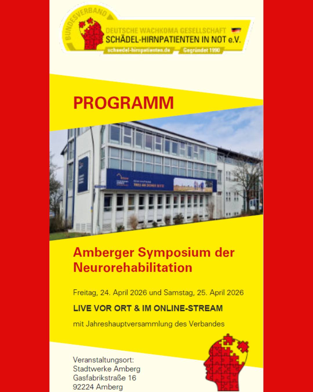 Wie gestalten wir die Zukunft der Neurorehabilitation? 🌿
Gemeinsam mit Betroffenen, Angehörigen, Medizin und Politik.
Herzliche Einladung zum Amberger Symposium der Neurorehabilitation! 🧠🤝
Wir bringen die führenden Köpfe aus Medizin, Wissenschaft, Therapie, Pflege und Gesundheitspolitik zusammen – auf Augenhöhe mit Betroffenen und Angehörigen. Diese einzigartige Mischung macht den Dialog so wertvoll.
Was Euch / Sie erwartet:
✅ Spannende Vorträge & Diskussionen zu neuesten Entwicklungen in Therapie, Pflege und Rehabilitation.
✅ Fachgespräche auf Augenhöhe mit Expert:innen aus Praxis und Forschung.
✅ Persönliche Beratung & Austausch aus erster Hand – inklusive der Möglichkeit, eigene Fragen direkt mit den Referent:innen zu diskutieren.
📢 Auch aktuelle gesundheitspolitische Weichenstellungen und deren konkrete Auswirkungen werden beleuchtet. Informieren und mitreden!
👉 Das gesamte Programm der Fachtagung findet Ihr hier: https://www.schaedelhirnpatienten.de/veranstaltungen/
Wir freuen uns darauf, Euch online oder persönlich vor Ort in Amberg zu begrüßen! 💬
#Neurorehabilitation #AmbergerSymposium #Gesundheitspolitik #Pflege #Therapie #Medizin