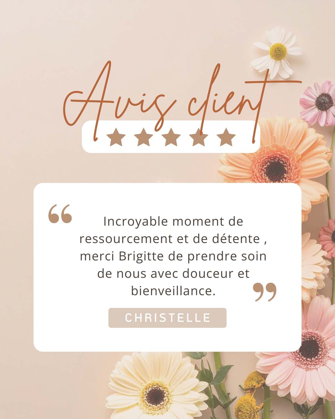 ✨ Votre avis compte énormément pour moi ! ✨
Si vous êtes déjà venu prendre un soin dans mon cabinet, prendre 1 petite minute pour laisser un avis est un geste simple… mais qui fait une grande différence 💛
Cela permet à ma petite entreprise de gagner en visibilité, d’inspirer confiance et de continuer à grandir grâce à vous.
Si vous avez envie de donner votre avis, comme Christelle, c'est par ici :
https://g.page/r/CS1dSFoCzC4xEBM/review
Merci infiniment pour votre soutien, que ce soit par votre présence, vos partages ou vos mots gentils 🫶
Brigitte Borloz