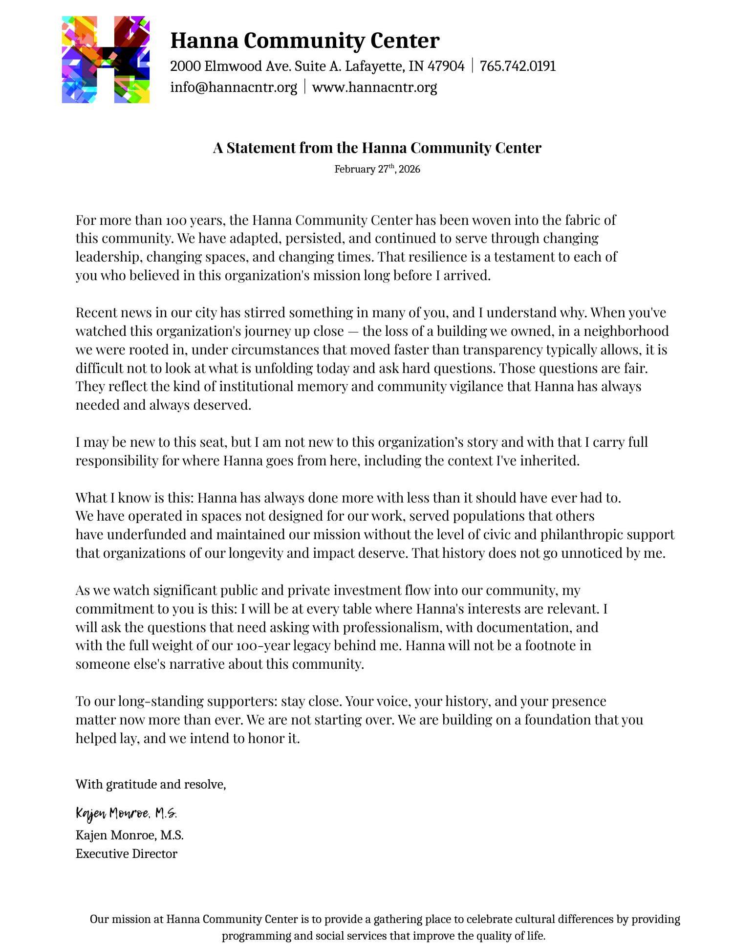 For over 100 years, Hanna has served this community. Recent developments in our city have stirred something in many of you — and we feel it too. Today, we have something important to say. Full statement below. 🤍