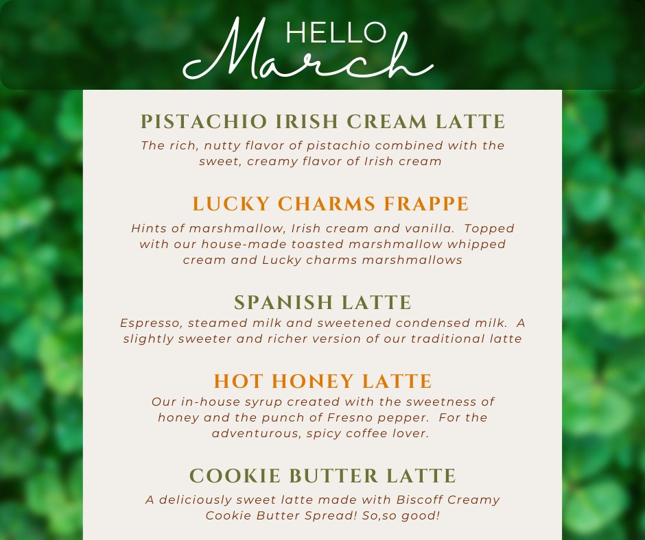 🌈☕ March Specials Are Here at Awaken! ☕🌈
We’re feeling festive and flavorful this month! Come try our March drink lineup:
🍀 Pistachio Irish Cream Latte – smooth, nutty, and just the right touch of sweet.
🌈 Lucky Charms Frappe – magically delicious with a hint of nostalgic sweetness.
🤎 Spanish Latte – rich espresso with sweet, creamy condensed milk.
🔥 Hot Honey Latte – sweet with a little kick!
🍪 Cookie Butter Latte – a deliciously sweet latte made with Biscoff creamy cookie butter spread.
Which one are you trying first? 👀
Stop by Awaken this week and sip something new! 💛☕
#AwakenCoffee #MarchSpecials #LuckySips #CoffeeAndCommunity #MullinsSC