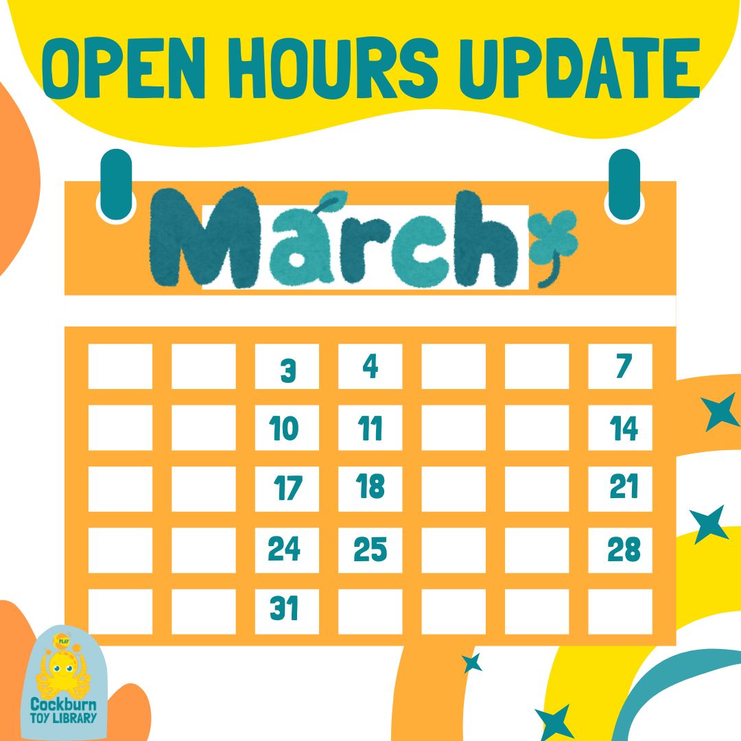 Hi all, here are our open sessions for this month our open times are the same as usual:
Coolbellup:
Tuesday + Wednesday - 9.30am-11.30am
Saturday - 11.30am - 1.30pm
Atwell:
Saturday - 11.30am-1.30pm