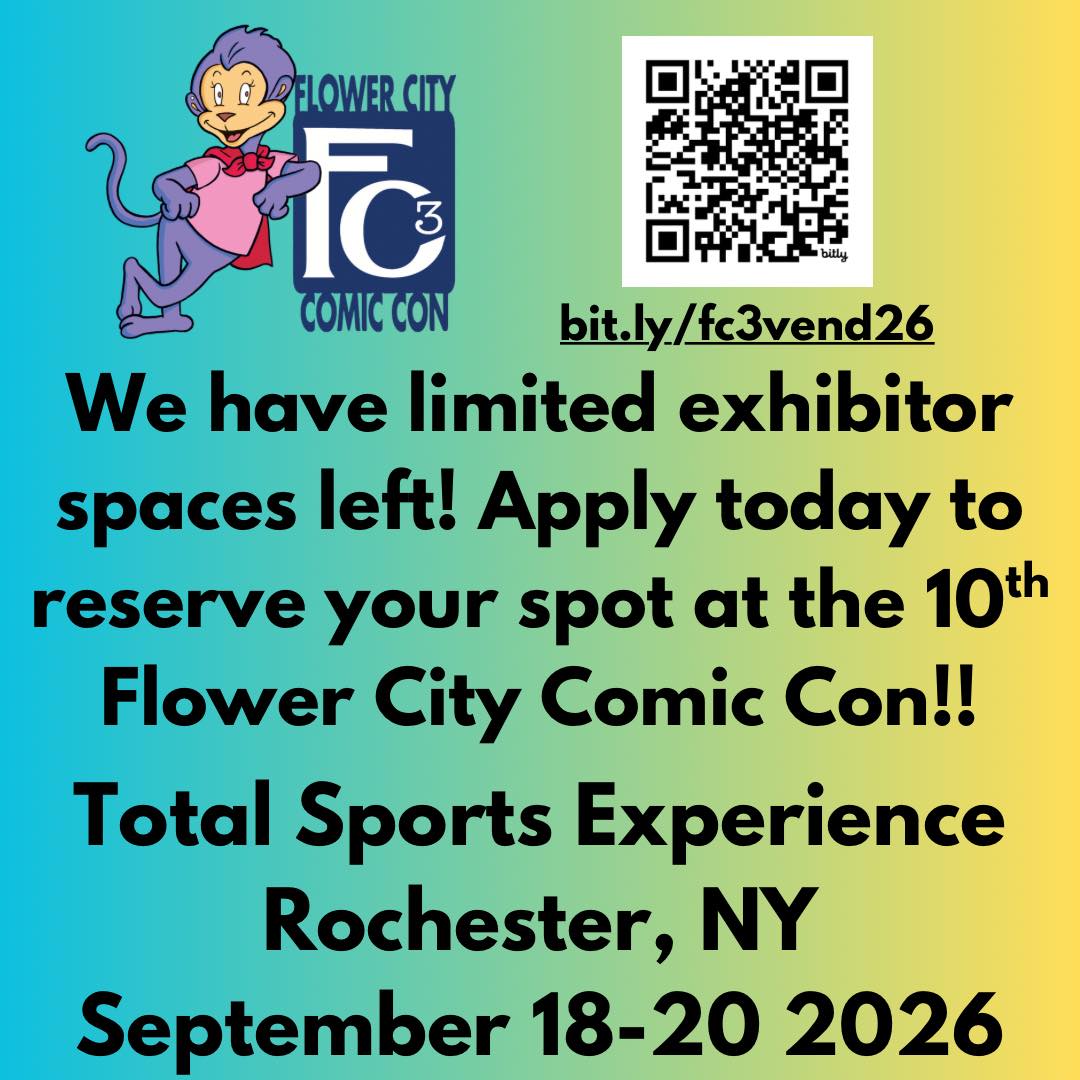We have limited exhibitor spaces left! Apply today to reserve your spot at the 10th Flower City Comic Con!! bit.ly/fc3vend26
#experiencefc3 #fc3 #WhereItAllComesTogether #fc32026