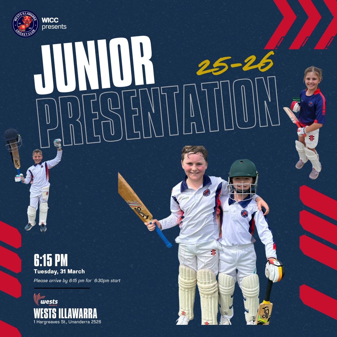 โผ๏ธ REMINDER: TOMORROW NIGHT IS THE DEVILS JUNIOR CRICKET PRESENTATION โผ๏ธ
๐ DEVILS JUNIOR CRICKET PRESENTATION ANNOUNCEMENT ๐
Informing all our junior players and families that our presentation for this season will be held on Tuesday evening 31 March 2026.
We ask if you are attending to arrive at 6:15pm at Wests Illawarra, Hargreaves St., Unanderra for a 6:30pm start.
Finger food and refreshments will be provided for all players.
Look forward to seeing you all there.
#WestsIllawarra #WestsIllawarraCricketClub #westsillawarrajuniordevils #proudtobeadevil ๐น