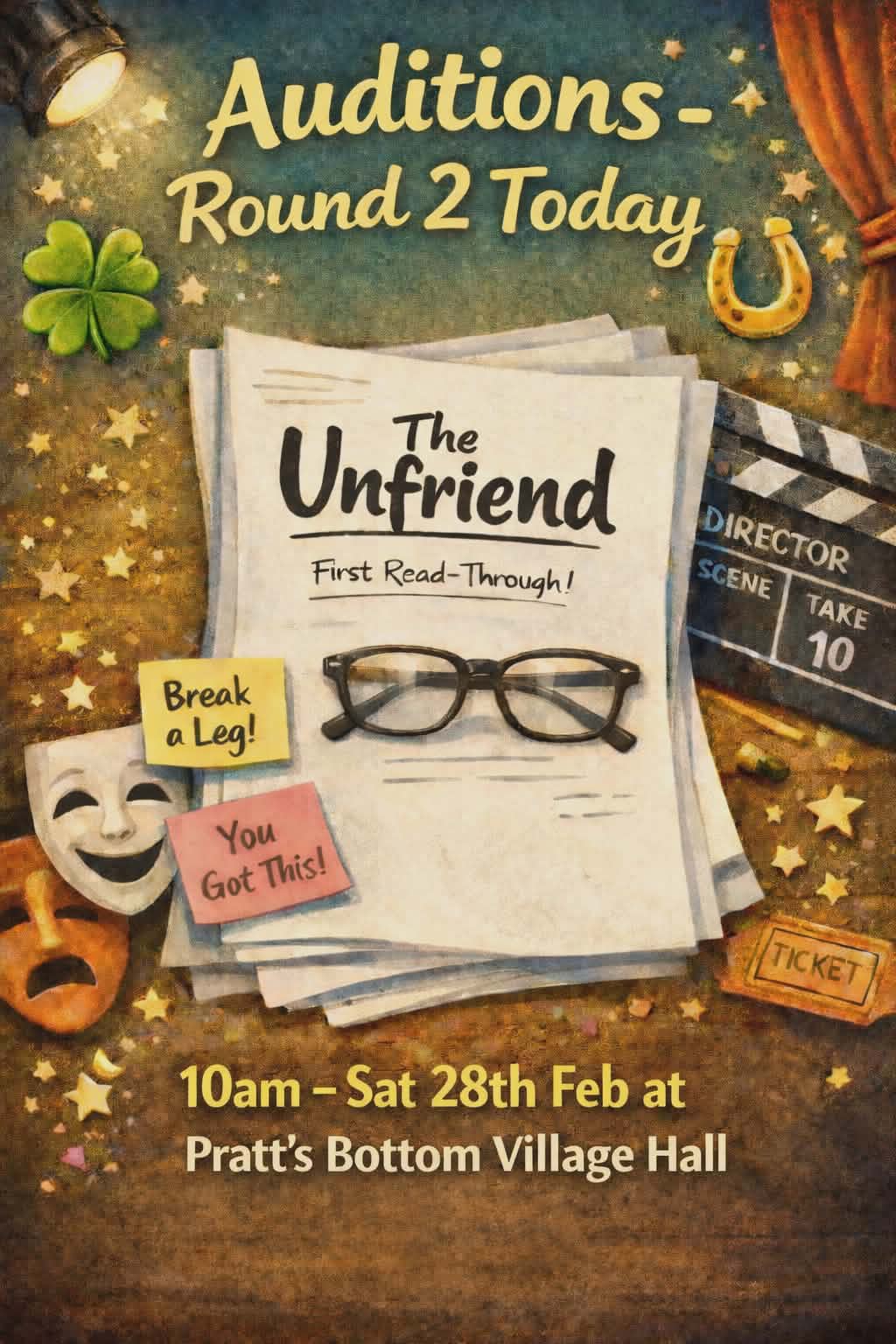 Good Luck Today: Auditions - Round 2
There's still time to audition for The Unfriend! Join us for the second round of auditions - we look forward to seeing everyone.
Full details & guidance here:
📍 Pratts Bottom Village Hall
🕠 10:00am
👉 https://www.prattsbottomdramatics.com/auditions
Take a look beforehand at the audition pieces from the selection available on our Auditions page above.