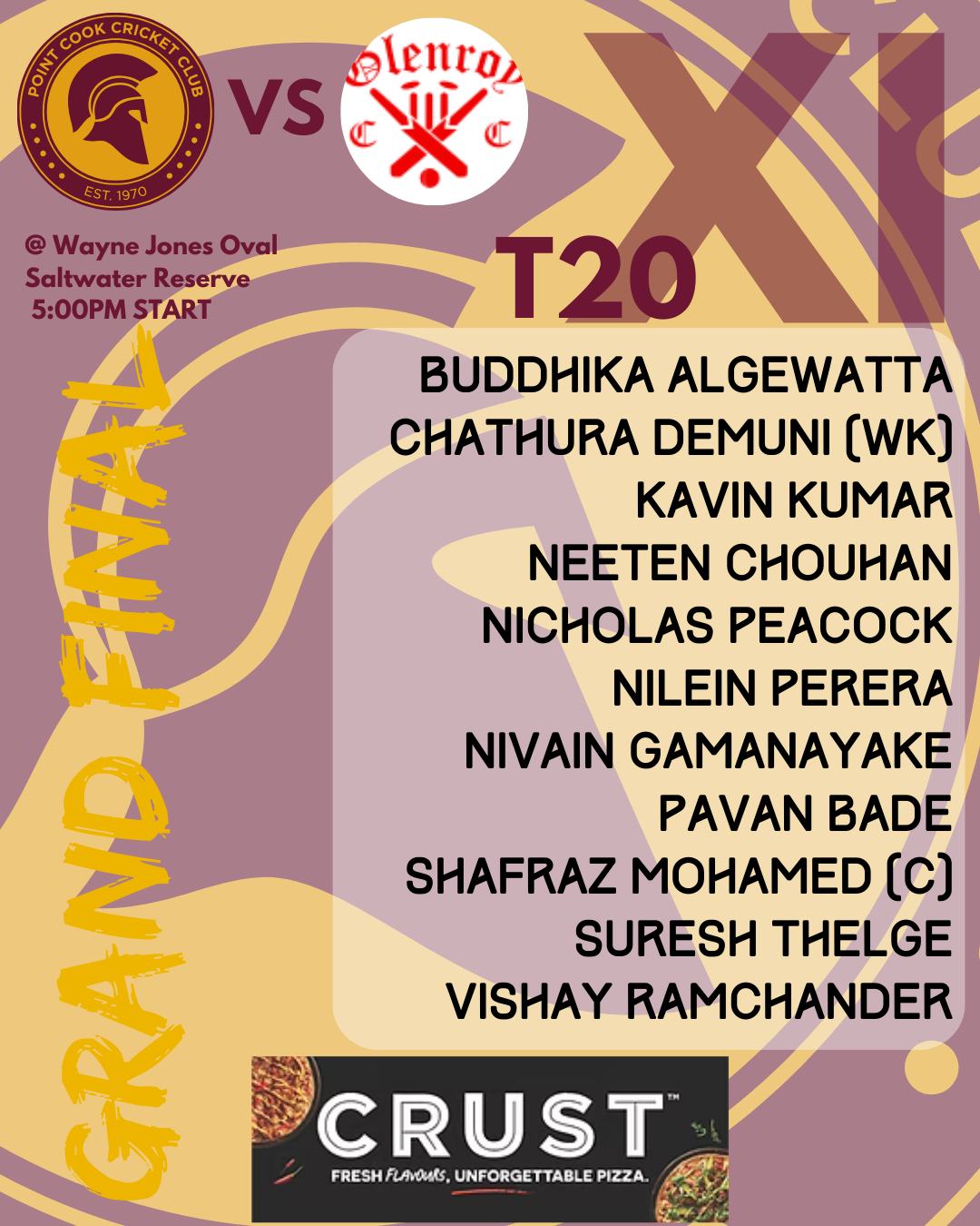 Selection for the T20 Grand Final, to be held at Saltwater this afternoon from 5:00pm.
Good luck Warriors, keep up the winning spirit!!!
@vtca_turfcricket #pccc #WarriorWay