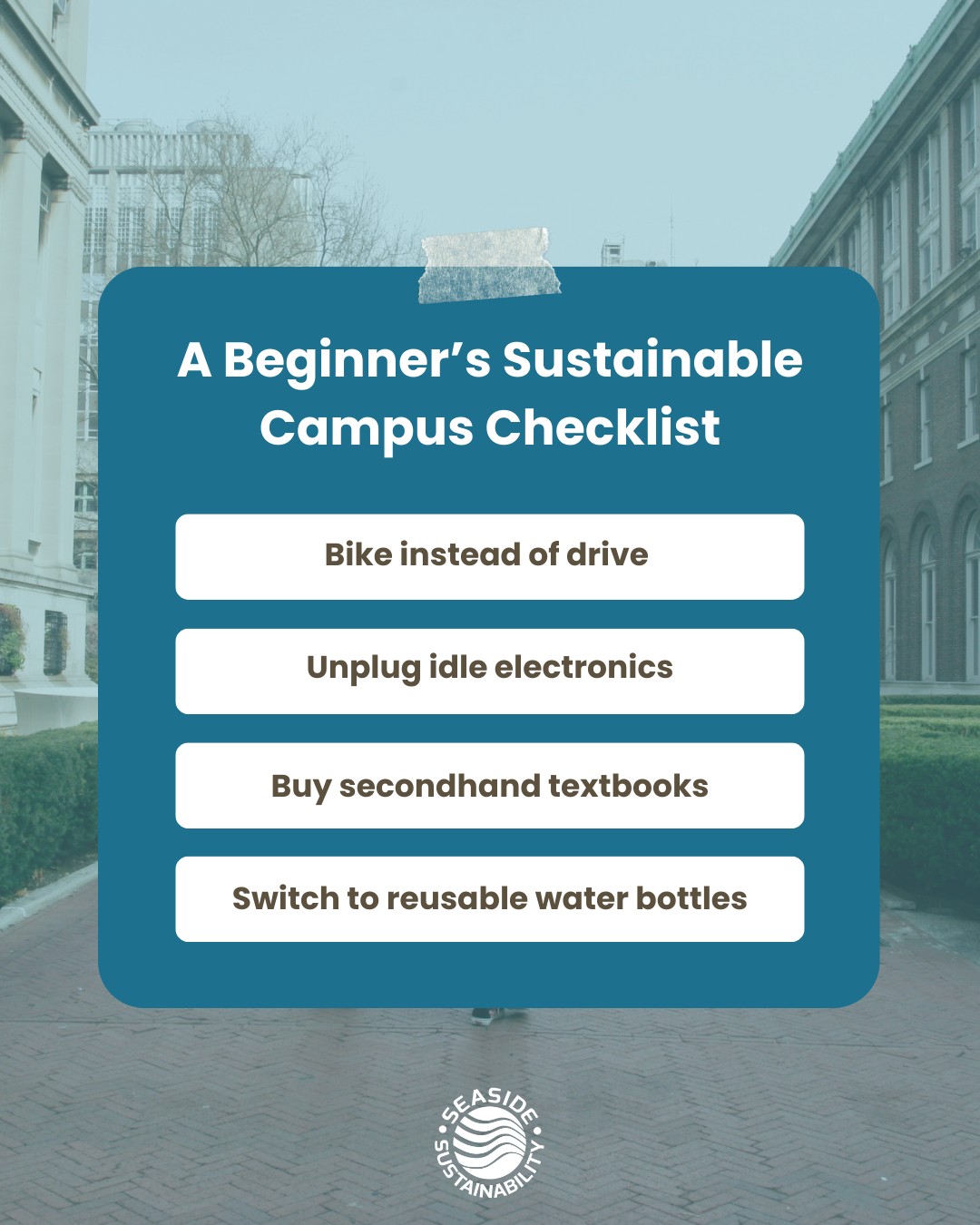 What sustainable habit have you adopted on campus? 🌎
Share it in the comments below 👇
Find the full blog at: seasidesustainability.org 🌿
#SeasideSustainability #EcoStudents #Ecofriendly #Education