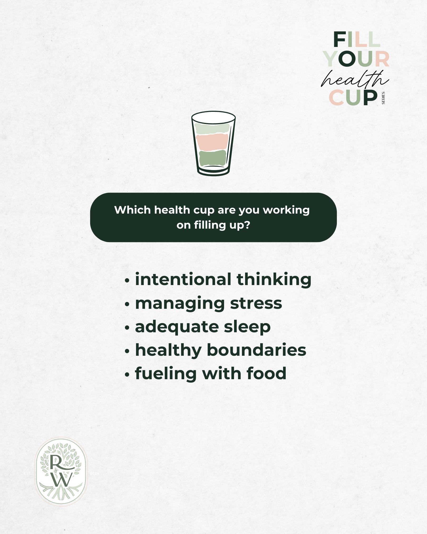 ✨ Recap of Our Fill Your Health Cup Series! ✨
February has been a wonderful journey of self-love and health empowerment.
We’ve explored essential topics like intentional thinking, reducing screen time, prioritizing protein, managing stress, and nurturing our vagus nerve. Each of these practices helps us refill our health cup and supports our overall well-being!
Now, we’d love to hear from you!
What health cup are you currently focusing on filling up?
Share your journey with us in the comments below! 💚