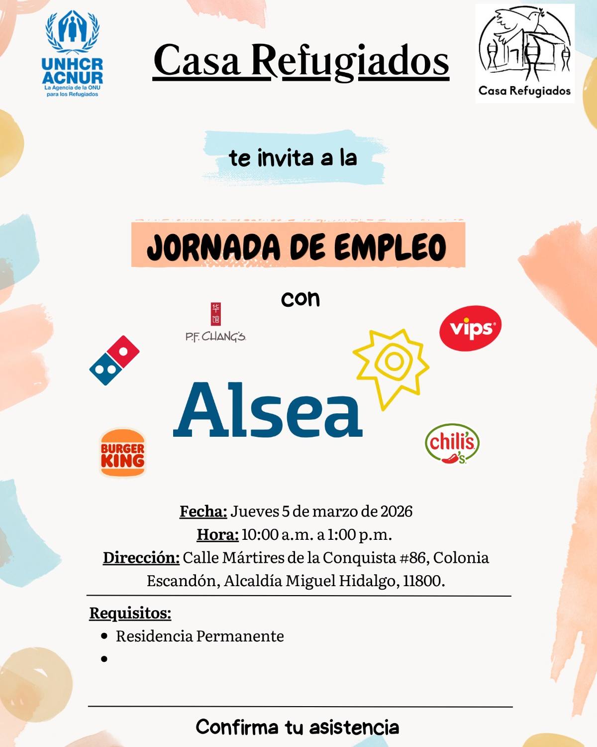 ¡Día de Jornada de Contratación! ✨📢
El próximo jueves 05 de marzo te esperamos en nuestra jornada de contratación con la participación especial de ALSEA ,opciones de empleo en *restaurantes*
📍 Dirección: Mártires de la Conquista 86, Colonia Escandón
⏰ Horario: 10:00 a.m. a 1:00 p.m.
Si estás en búsqueda de empleo, ¡esta es tu oportunidad para integrarte a un gran equipo de trabajo! 🙌
🔎 No olvides registrarte en el la siguiente liga: https://forms.gle/utcQe5PWUzfn73Xz9
⚠️ Importante: Contar con Tarjeta de Visitante por Razones Humanitarias o Residencia Permanente.