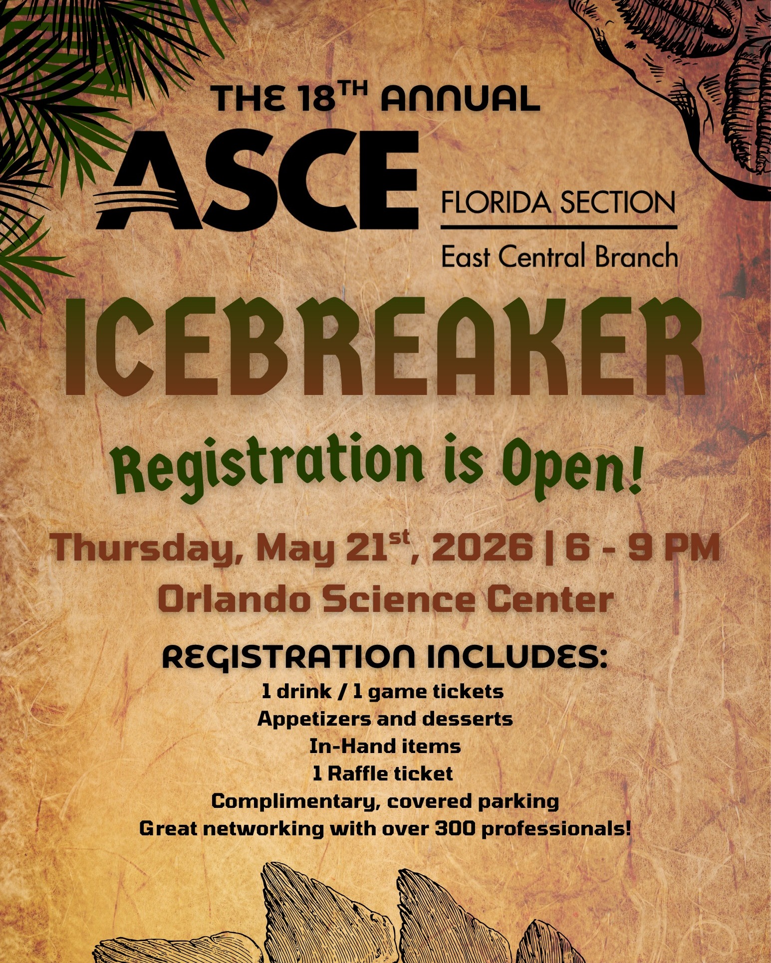 Registration for the 18th Annual East Central Branch Icebreaker is officially open! The Icebreaker brings together over 300 local engineers for a night of networking, food, and fundraising. Last year's event raised over $4000 to support our scholarship fund. The 2026 Icebreaker will be held on May 21st at the Orlando Science Center from 6-9 PM. Registration includes hors d'oeuvres, drink/game tickets, sponsor items, and more. Get your tickets soon! Early registration pricing ends on March 24th.
Register here: https://lnkd.in/e2rjknNY
#asce #asceecb #networking
