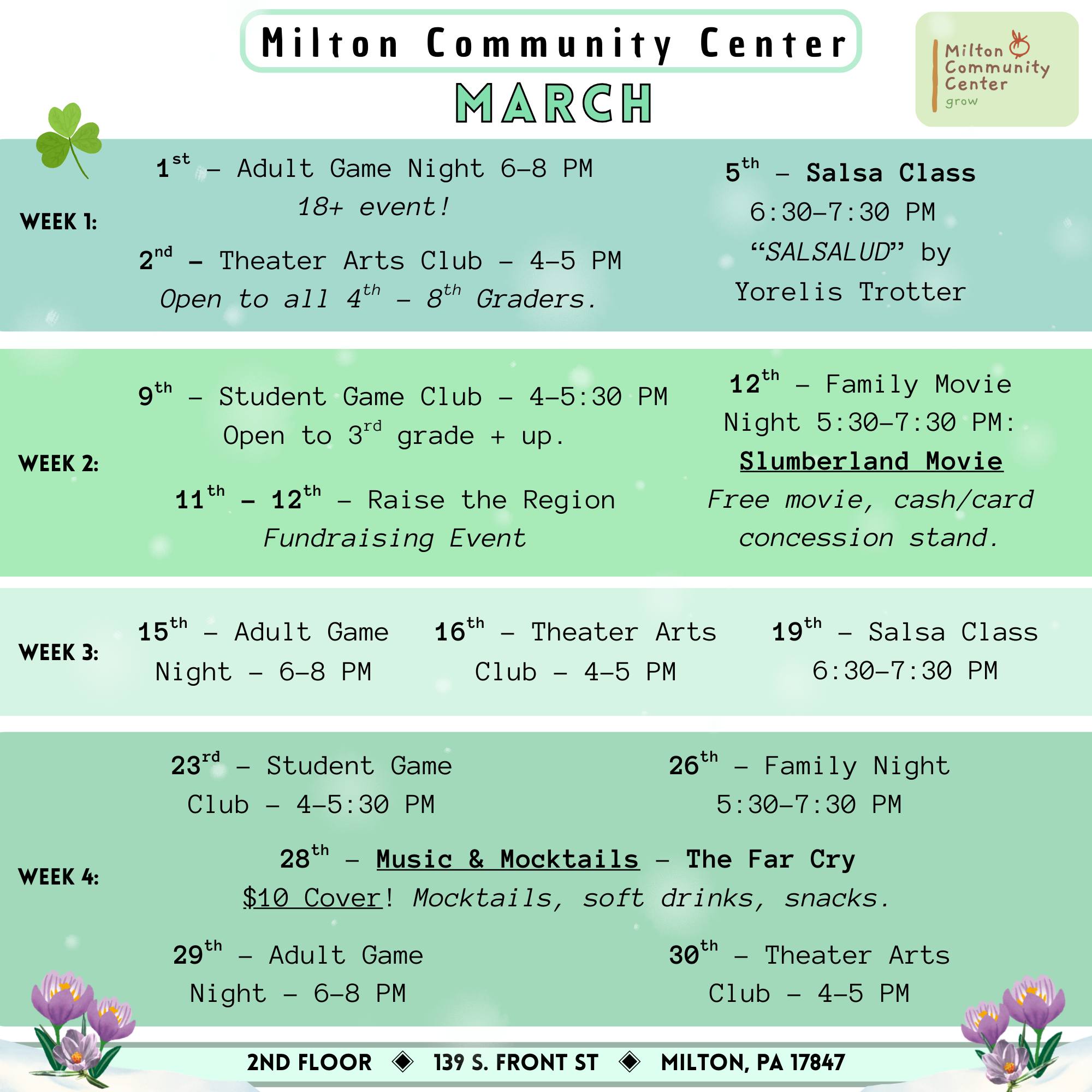 🌿 March Highlights at the Milton Community Center 🌿
A full month of fun is on the way! Check out our March calendar for a complete list of activities for all ages.
Here's a quick look at the biggest events happening this month:
- Adult Game Nights — March 1, 15, 29
- Salsa Class with Yorelis Trotter— March 5 & 19 (March 5 class has been postponed)
- Family Movie Night: Slumberland— March 12
- Raise the Region Fundraiser— March 11–12
- Music & Mocktails: The Far Cry— March 28