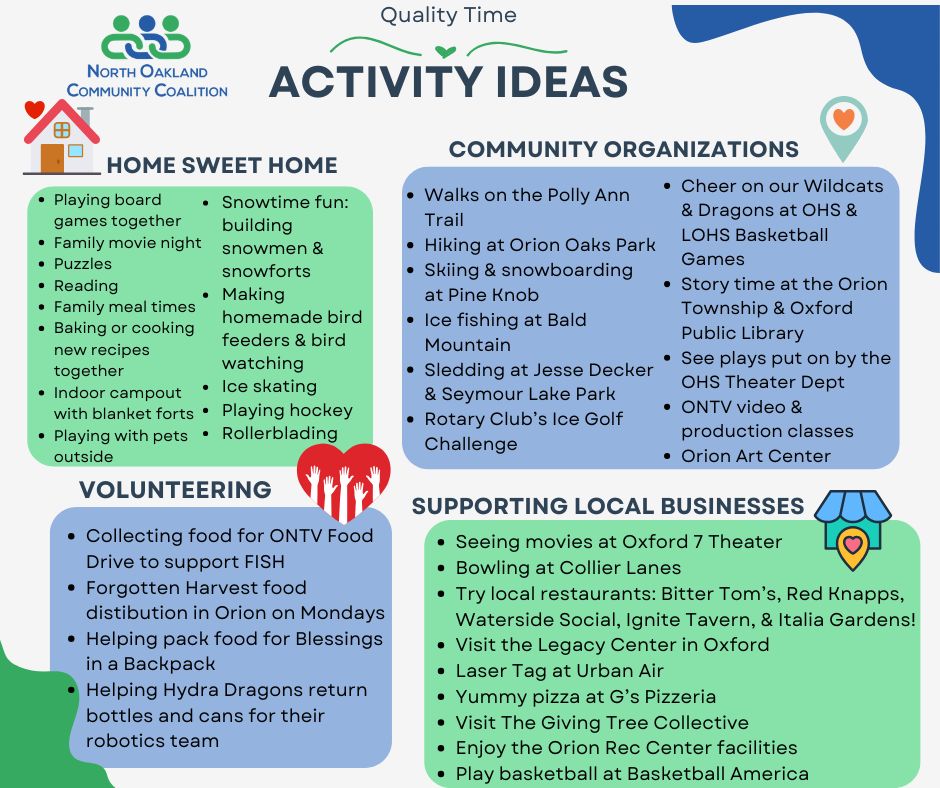 We asked, you answered: we've compiled everyone's amazing ideas from our Family Connection Drawing into a comprehensive resource by you, for you! Below, we have quality time ideas that you can do right at home, or out and about supporting the Lake Orion and Oxford communities and local businesses. Plus, some awesome volunteer opportunities to give back!
Take a screenshot, save the image, or check out the NOCC website soon, where this resource will be shared and updated as the seasons change. Thank YOU for contributing, and making it even easier to schedule family first! 💚💙