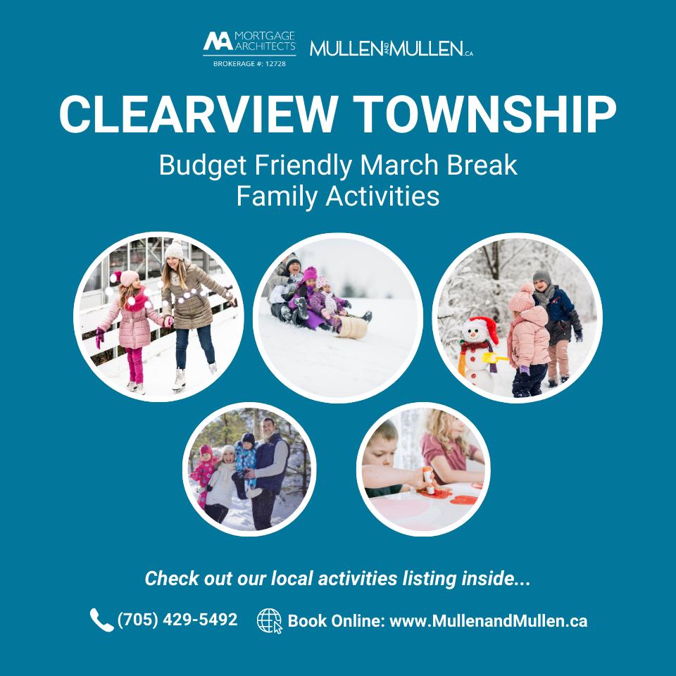 🌟 March Break 2026 — Budget Friendly Family Fun in Clearview Township!
Looking for fun, affordable activities to enjoy with your family this March Break in Clearview? There’s plenty happening — from indoor creativity to outdoor play and hands-on events!
🎉 Community Activities & Programs
• Clearview Youth Centre (Stayner) — A jam-packed week of fun including Indoor Curling, a St. Patrick’s Day Party & Skate, and Dart Tag! Register at www.discoverclearview.ca/youth-centre
• Clearview Public Libraries — Storytime with the Stayner Siskins, Party Safari, Babysitter & Home Alone courses, and more! Details at www.clearviewpubliclibrary.ca
⛸️ Local Skating
• Stayner & Creemore Arenas — Public skating & family hockey sessions:
https://www.discoverclearview.ca/recreation-leisure/public-skating
❄️ Other Free Family Fun Ideas
• Go Tobogganing — Check out local hills and parks for some downhill thrills
• Build a Snowman — Get creative in the yard or at a local park
• Movie Night In — Pop some popcorn and cozy up for a family favorite or new release
• DIY Craft Projects — Make homemade cards, decorations, or simple art projects together
• Nature Scavenger Hunt — Explore trails, parks, or your backyard with a list of things to find
With a little imagination and some local exploration, March Break can be fun, memorable, and budget-friendly for the whole family! 💙
💻 www.MullenandMullen.ca
📞 (705) 429-5492.
MORTGAGE ARCHITECTS, BROKERAGE #12728
#MarchBreak2026 #FreeFamilyFun #LifesMoments #MullenandMullen #WasagaBeach #Clearview #MortgageArchitects