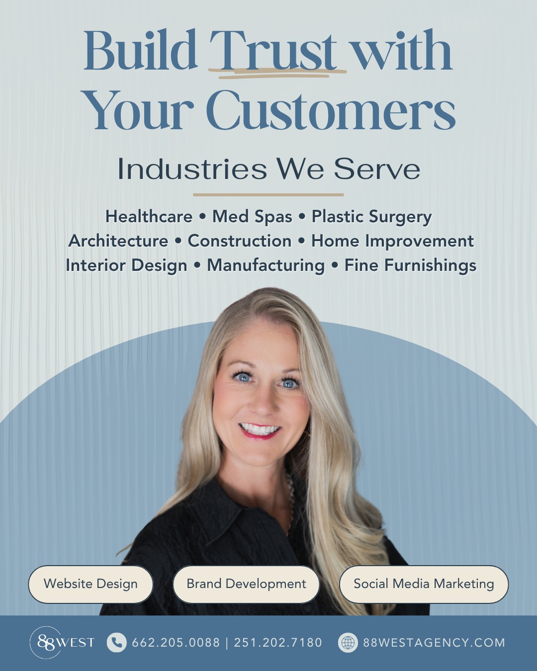 We’re bringing bold web design, strategic social media, and killer branding services to coastal businesses that are ready to stand out!
If your online presence feels more “meh” than memorable, let’s change that.
-
📞 662.205.0088 | 251.202.7180
💻 88westagency.com
-
#88West #88WestAgency #ALGulfCoast #MSGulfCoast #GulfShoresAL #BrandAgency #DesignAgency #MarketingAgency #BrandDesign #WebDesign #SocialMediaMarketing #CreativeAgency