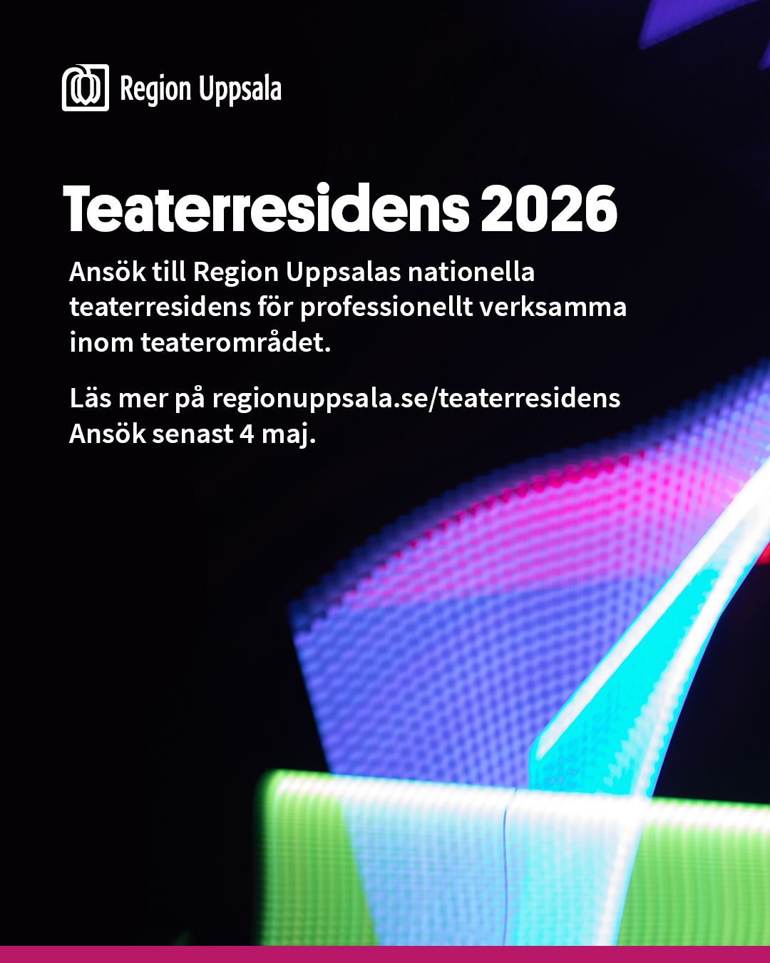 Delat Open Call från Region Uppsala:
---
Nu öppnar ansökan till Region Uppsalas teaterresidens 2026! Professionellt verksamma inom teaterområdet, både i Uppsala län och i hela landet, är välkomna att söka.
Mottagarna erhåller stipendium, kostnadsfri kost och logi samt tillgång till stor studio under residensperioden.
Ansök senast 4 maj 2026.
Läs mer och ansök via: regionuppsala.se/teaterresidens