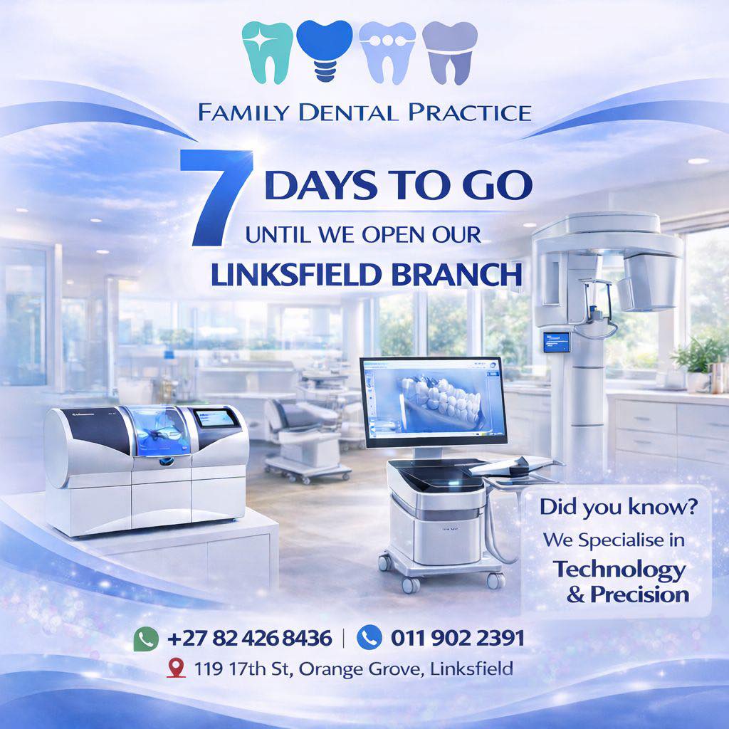 🦷✨ Only 7 days to go! ✨🦷
We’re counting down the final days until Family Dental Practice Linksfield opens its doors!
At our new branch, we’re proud to offer advanced dental technology and precision-focused care, designed to give you accurate diagnoses, comfortable treatments, and outstanding results.
📍 Linksfield Branch
119 17th Street, Orange Grove
📞 Call us: 011 902 2391
💬 WhatsApp: 082 426 8436
#FamilyDentalPractice #LinksfieldDentist #7DaysToGo #ModernDentistry #DentalTechnology #SmileWithConfidence #QualityDentalCare