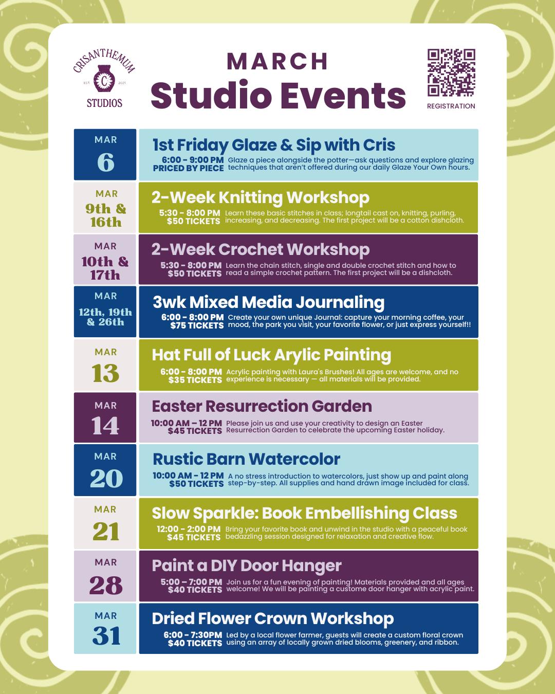 Let your creativity bloom this March...🌷✨ From fiber arts and flower crowns to book embellishing, gardening and more — there’s so many great workshops to choose from!
Whether you’re ready to try something new or return to a favorite craft, we’d love for you to join us this month.💜
Check out the full calendar on our website!
🎟 Register Now: crisanthemumstudios.com/eventcalendar
#ArtWorkshops #PilotMountainNC #ShopSmall