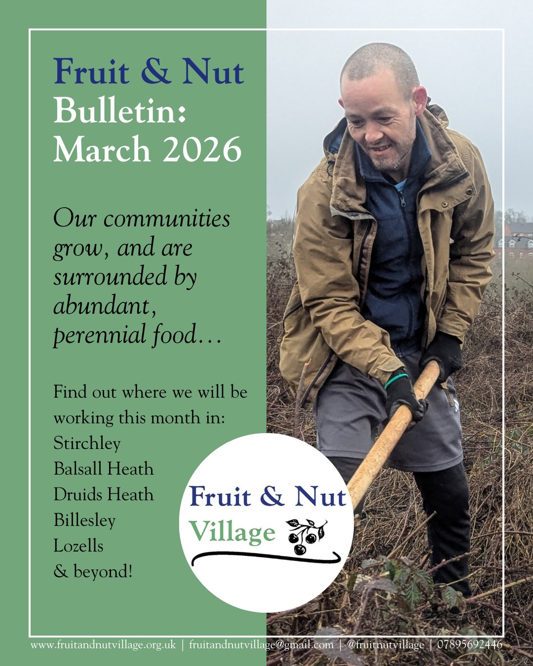 Fruit & Nut Village Bulletin: #March 2026
Please join us to #GrowTheVillage in #Stirchley, #BalsallHeath, #DruidsHeath, #Billesley, #Lozells, and beyond next month in the new year!
The National Lottery Open Week: 7th – 15th March. All sessions with these dates are dedicated to celebrating the Open Week and our funding from The National Lottery Community Fund.
If you'd like to join our mailing list, to receive the bulletin and important updates via email, please visit our website to join, or email us at: fruitandnutvillage@gmail.com