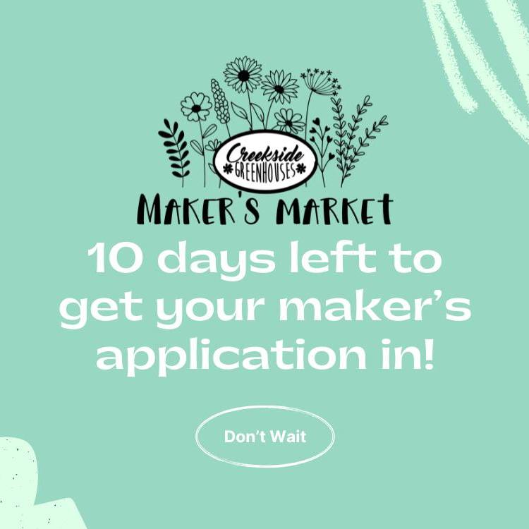 Click on the link to apply: https://www.eventeny.com/events/vendor/?id=43559 or head over to our website!
WE WON'T ASK YOU TO DM US - THOSE PEOPLE ARE TROLLS!
#creeksidegreenhousesmn #creeksidegreenhouses #makersmarket