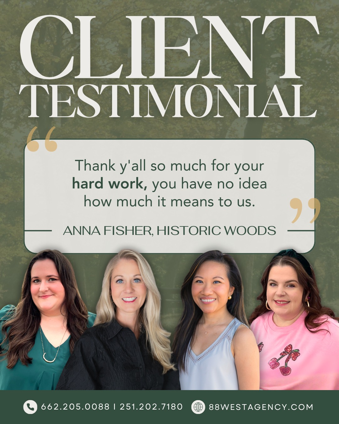 We don’t take it lightly when clients trust us with their brand, and it means everything to know our work truly makes a difference. We’re grateful to Anna Fisher and the Historic Woods team for the kind words and the opportunity to partner together. 🪶
If you’re looking for a team that genuinely cares about your success, we’d love to work with you.
-
📞 662.205.0088 | 251.202.7180
💻 88westagency.com
-
#88West #88WestAgency #NorthMS #ALGulfCoast #MSGulfCoast #GulfShoresAL #HuntsvilleAL #BrandAgency #DesignAgency #MarketingAgency #BrandStrategy #DigitalMarketing #ClientTestimonial #ClientSuccess #TrustedPartner